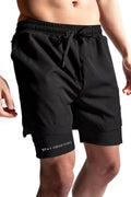 Black drawstring athletic shorts with elastic waistband and hem logo patch.