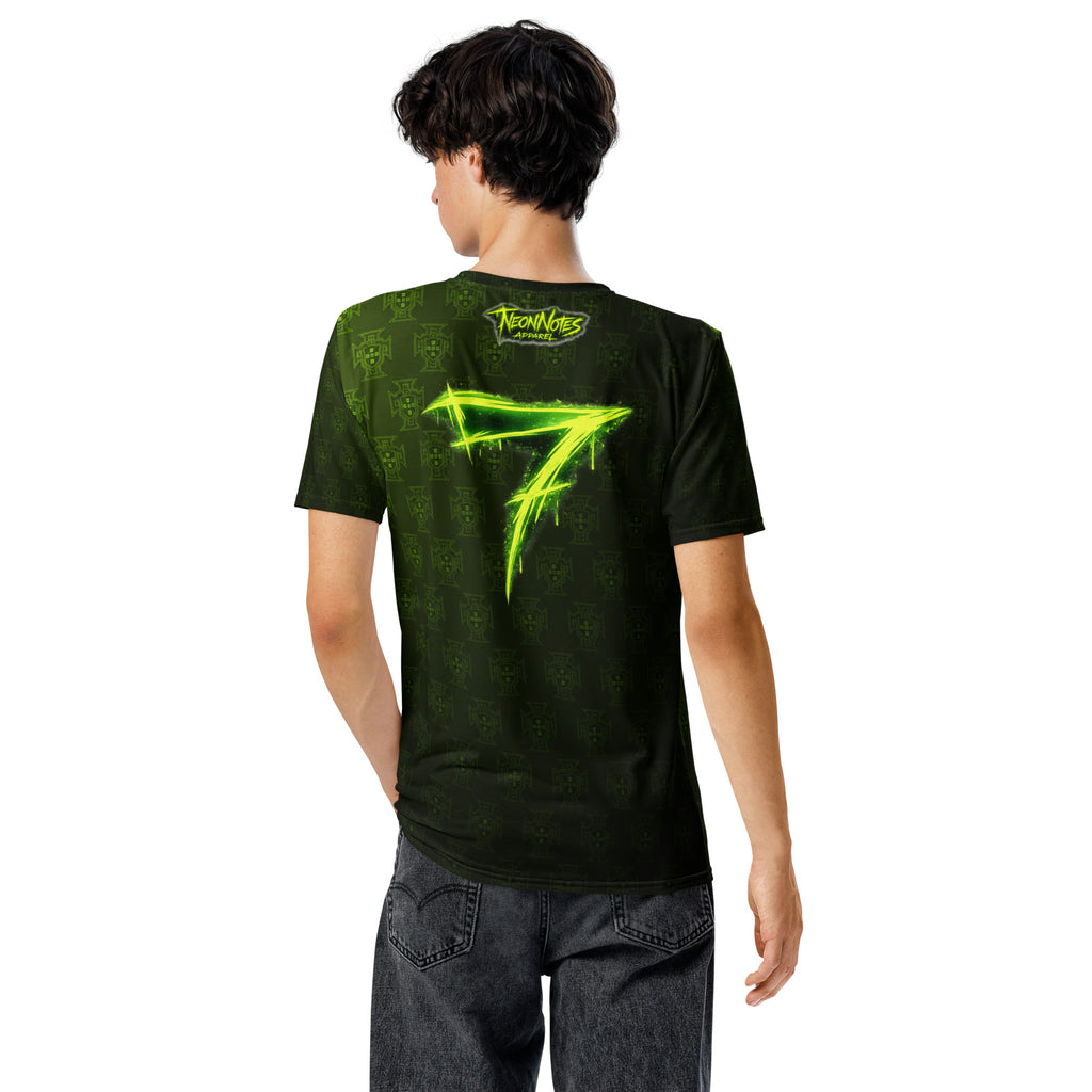 Men's dark green graphic T-shirt with neon "7" and Portugal back print