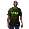 Men's dark green graphic T-shirt with neon "Portugal" front print worn with jeans