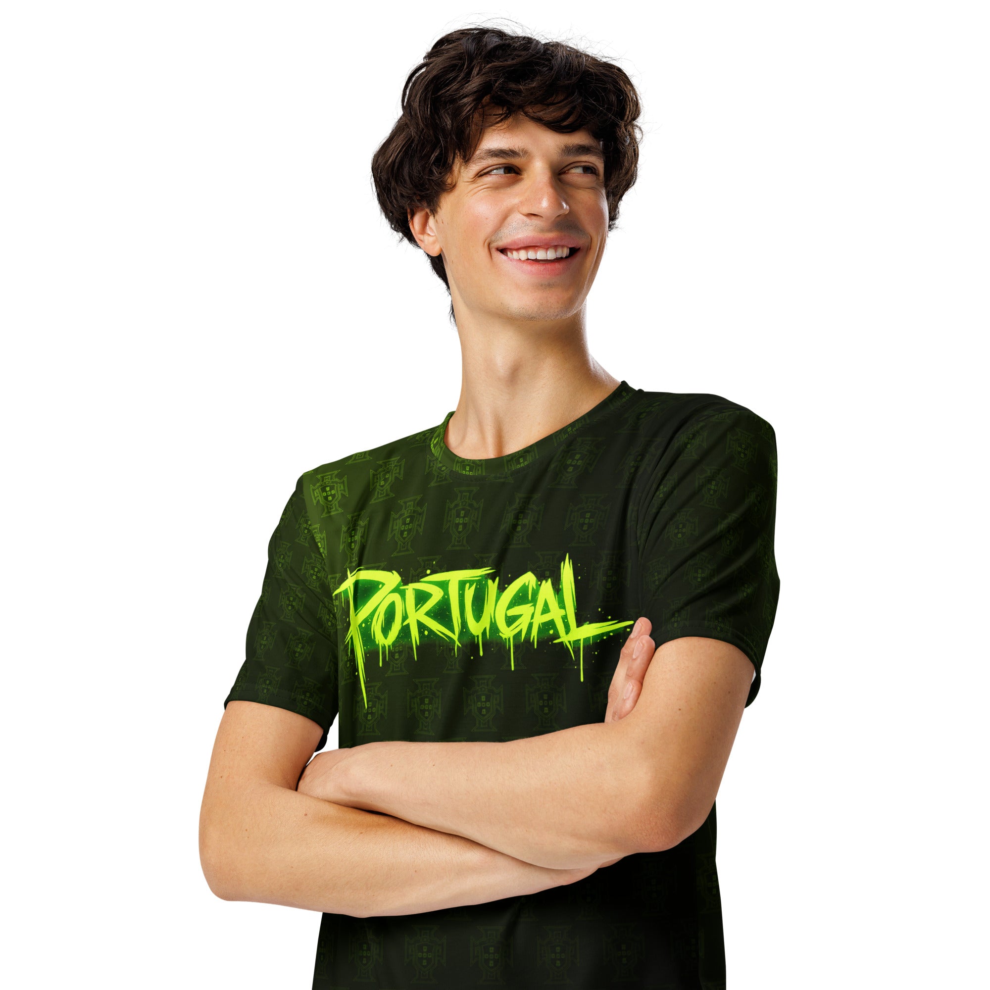 Men's dark green graphic T-shirt with neon green "Portugal" front print