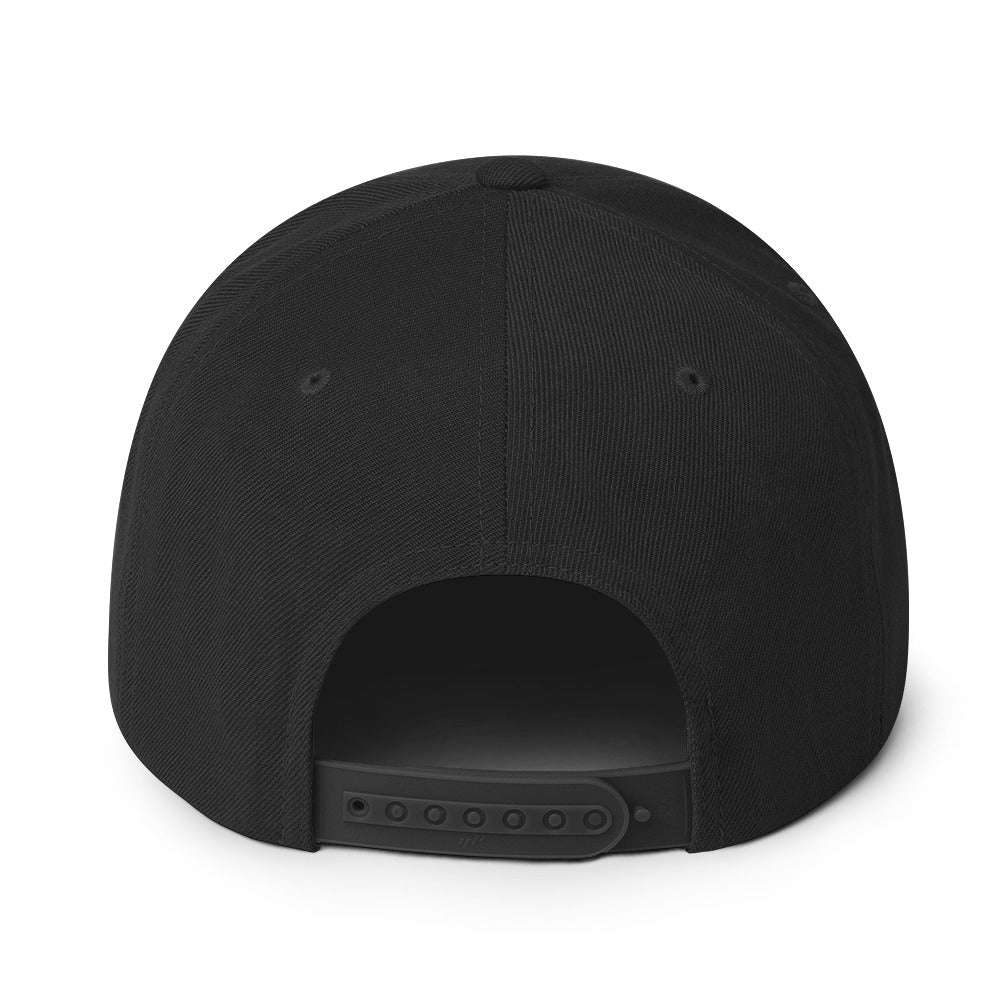 Black snapback hat back view with adjustable strap and stitched eyelets.