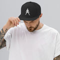 Black snapback hat with white 3D puff silhouette embroidery worn by man