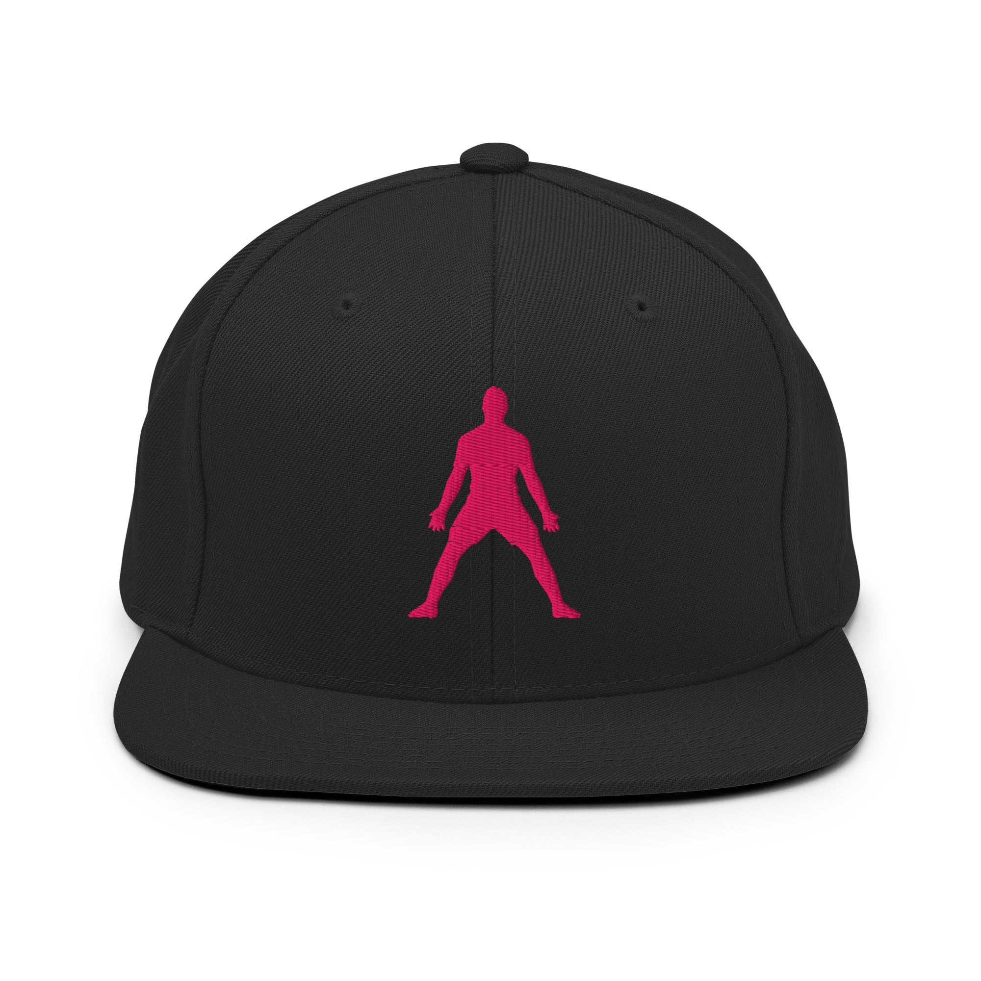 Black snapback hat with neon pink 3D-style embroidered figure on front panel