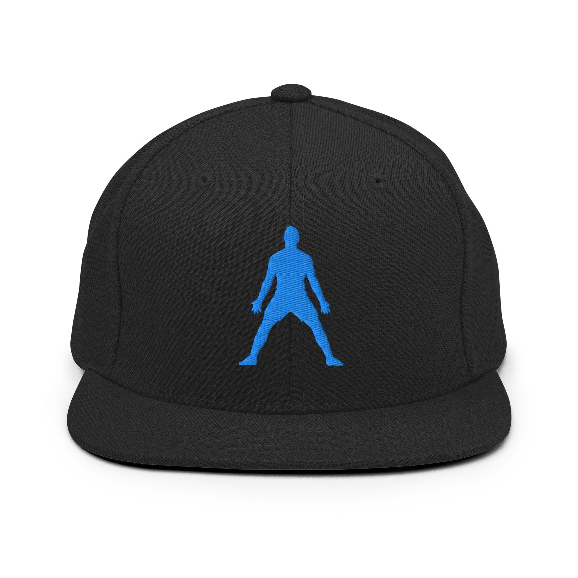Black snapback hat with 3D puff blue silhouette embroidery on front panel