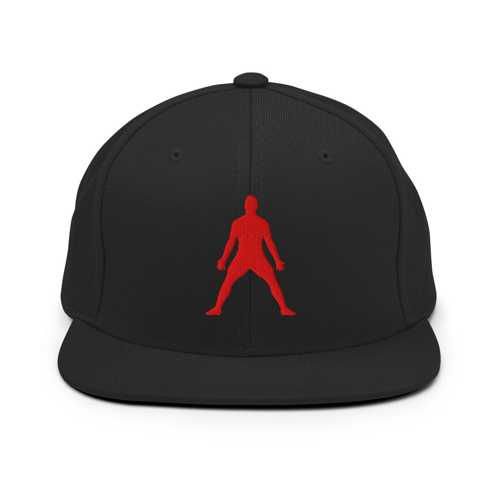 Black snapback hat with red 3D puff silhouette logo embroidery, flat brim, button top.