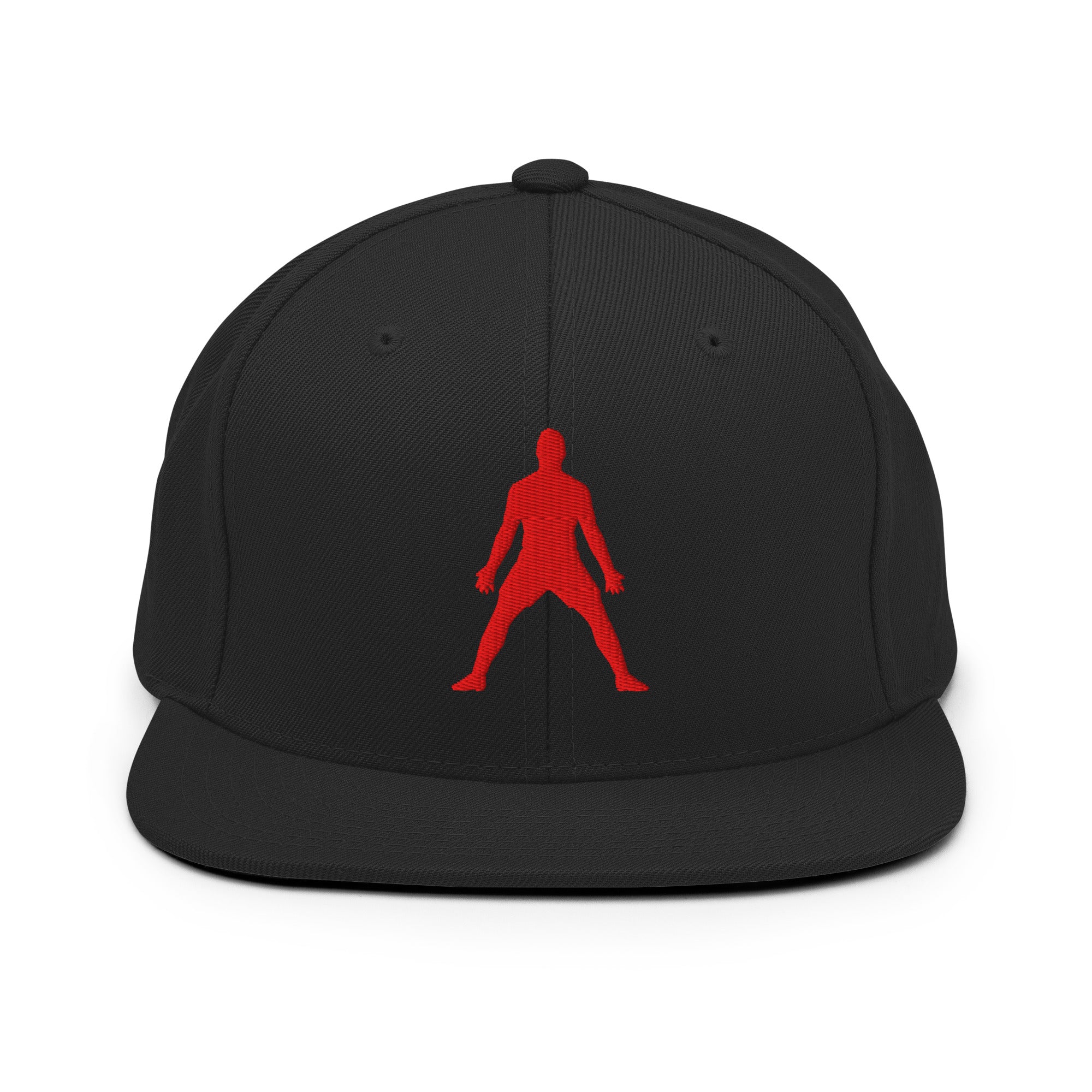 Black snapback hat with red 3D puff silhouette logo embroidery, flat brim, button top.