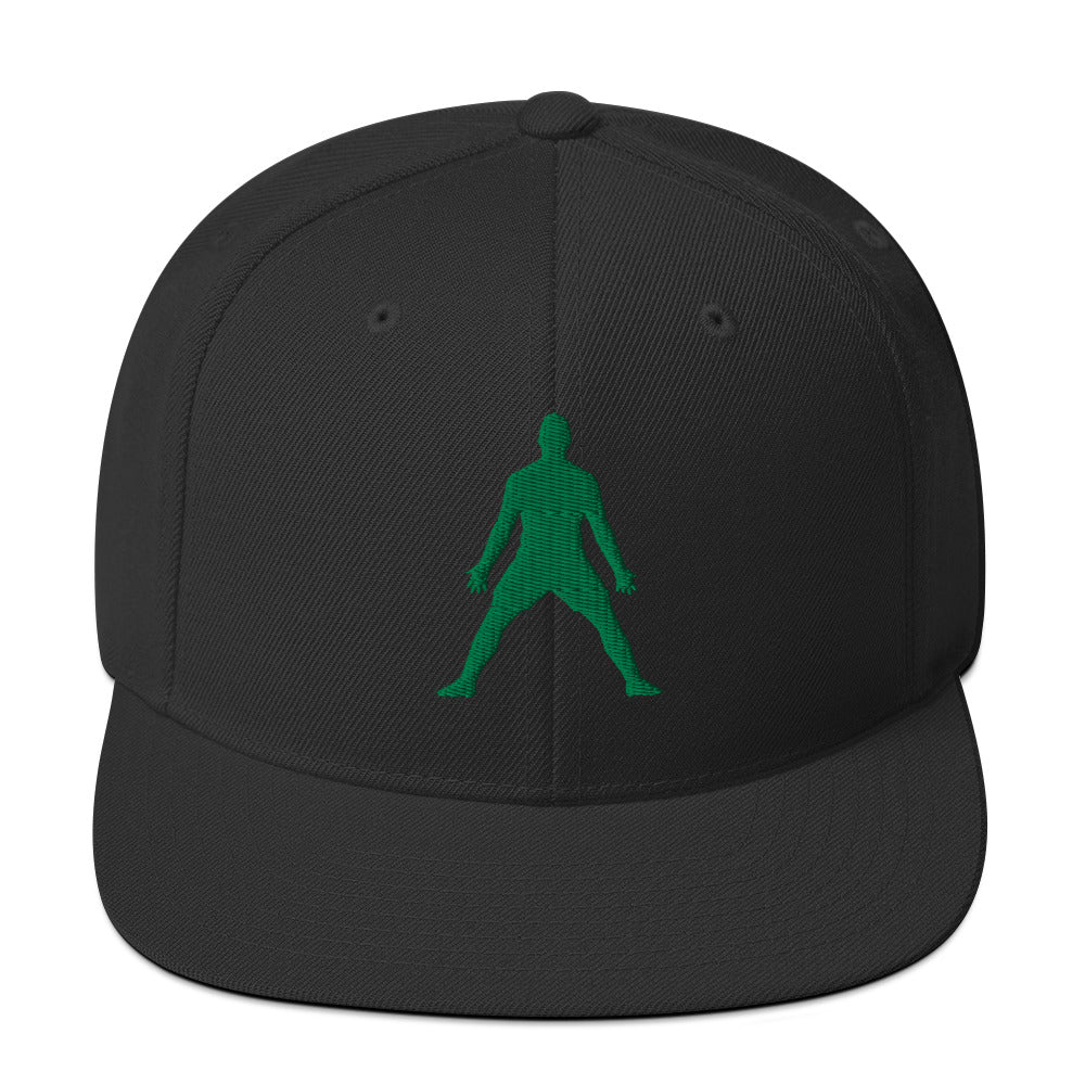 Black snapback hat with 3D puff embroidered green silhouette front panel.