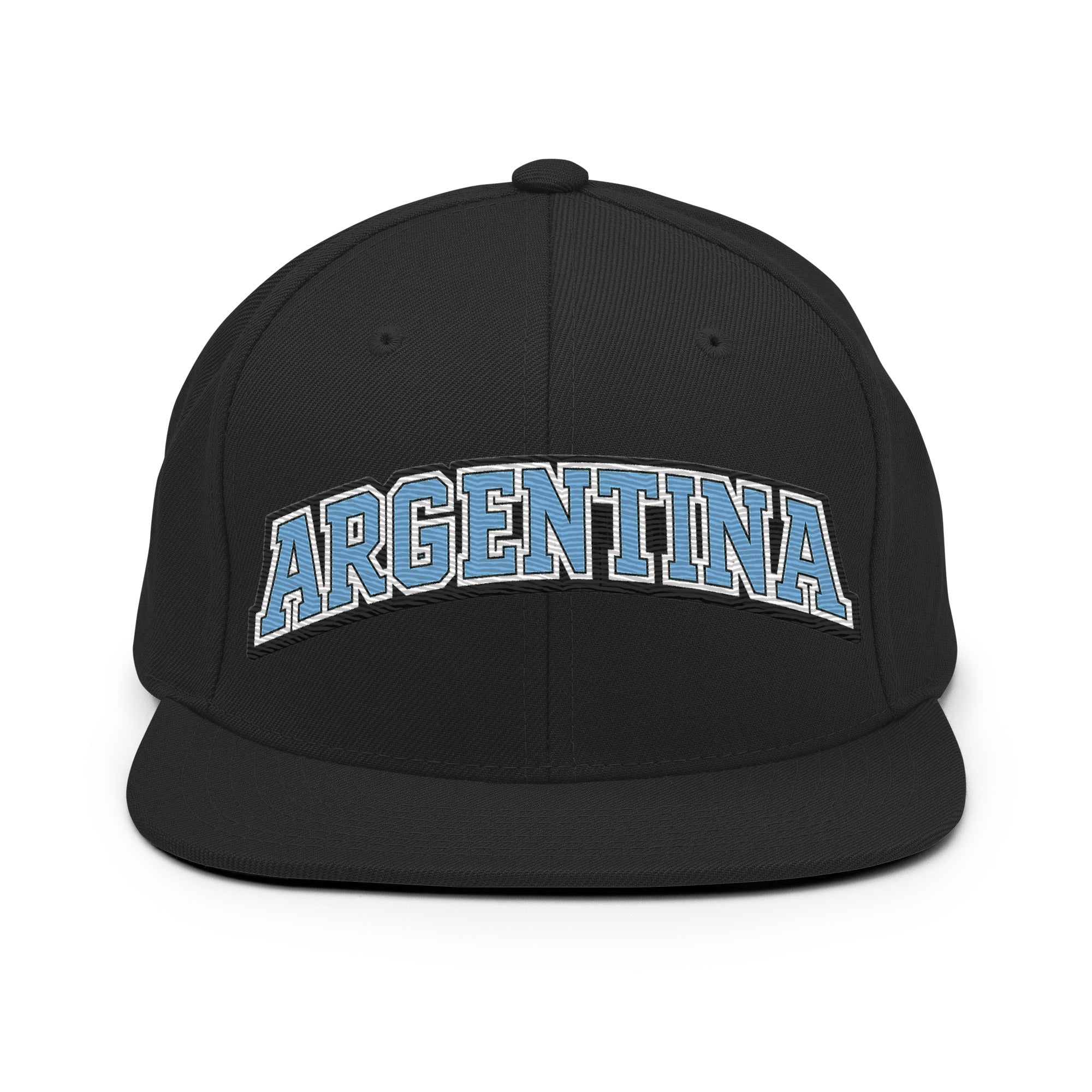 Black snapback hat with embroidered Argentina logo patch on front