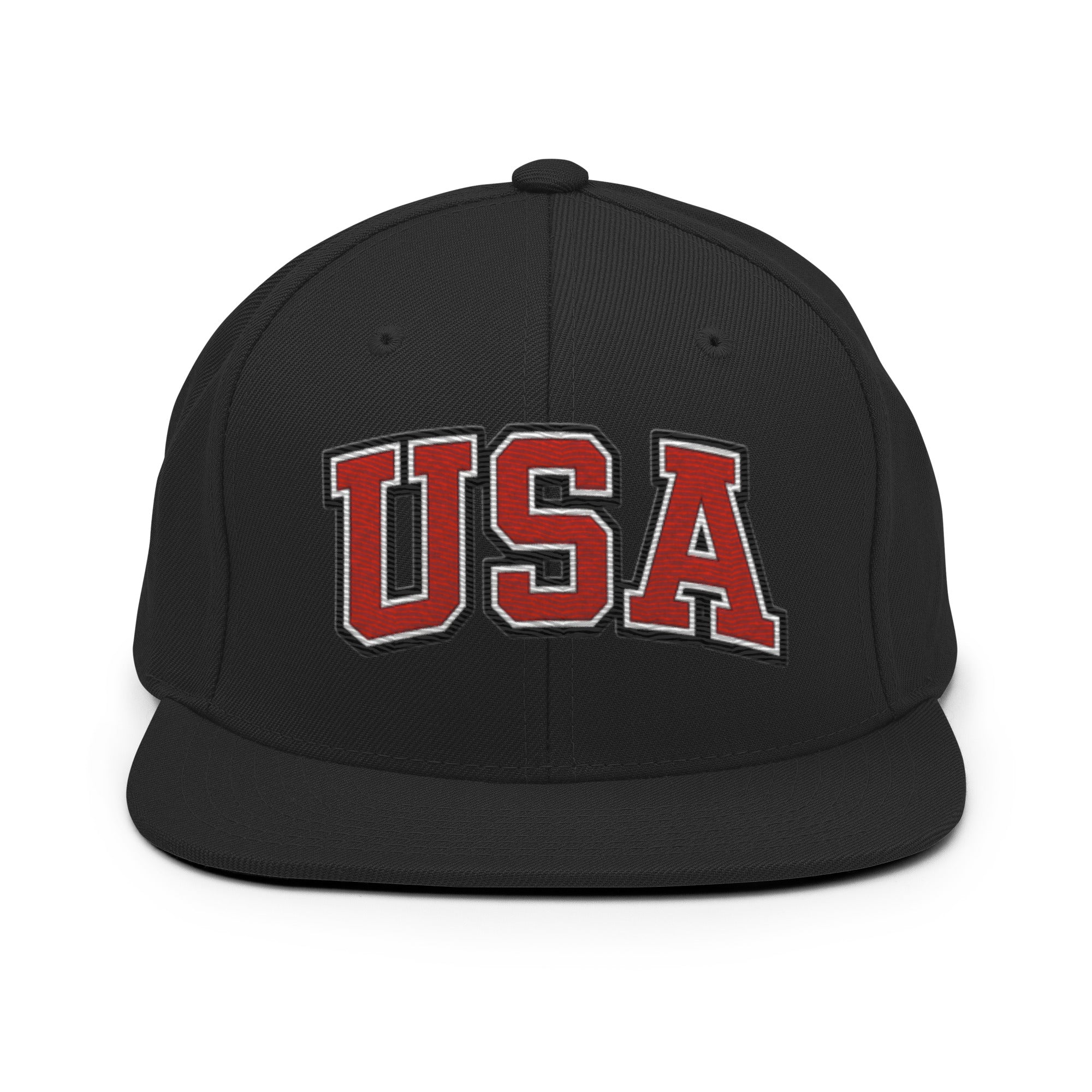 Black snapback hat with embroidered USA logo in red and white