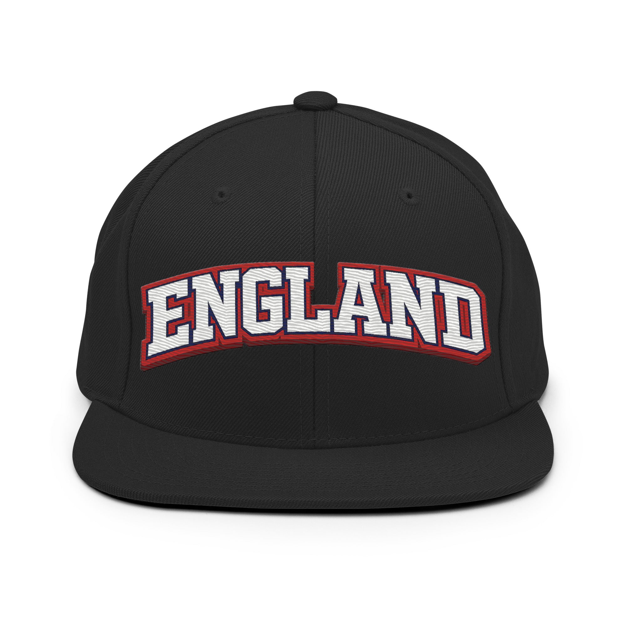 Black snapback hat with embroidered “ENGLAND” on the front panel.