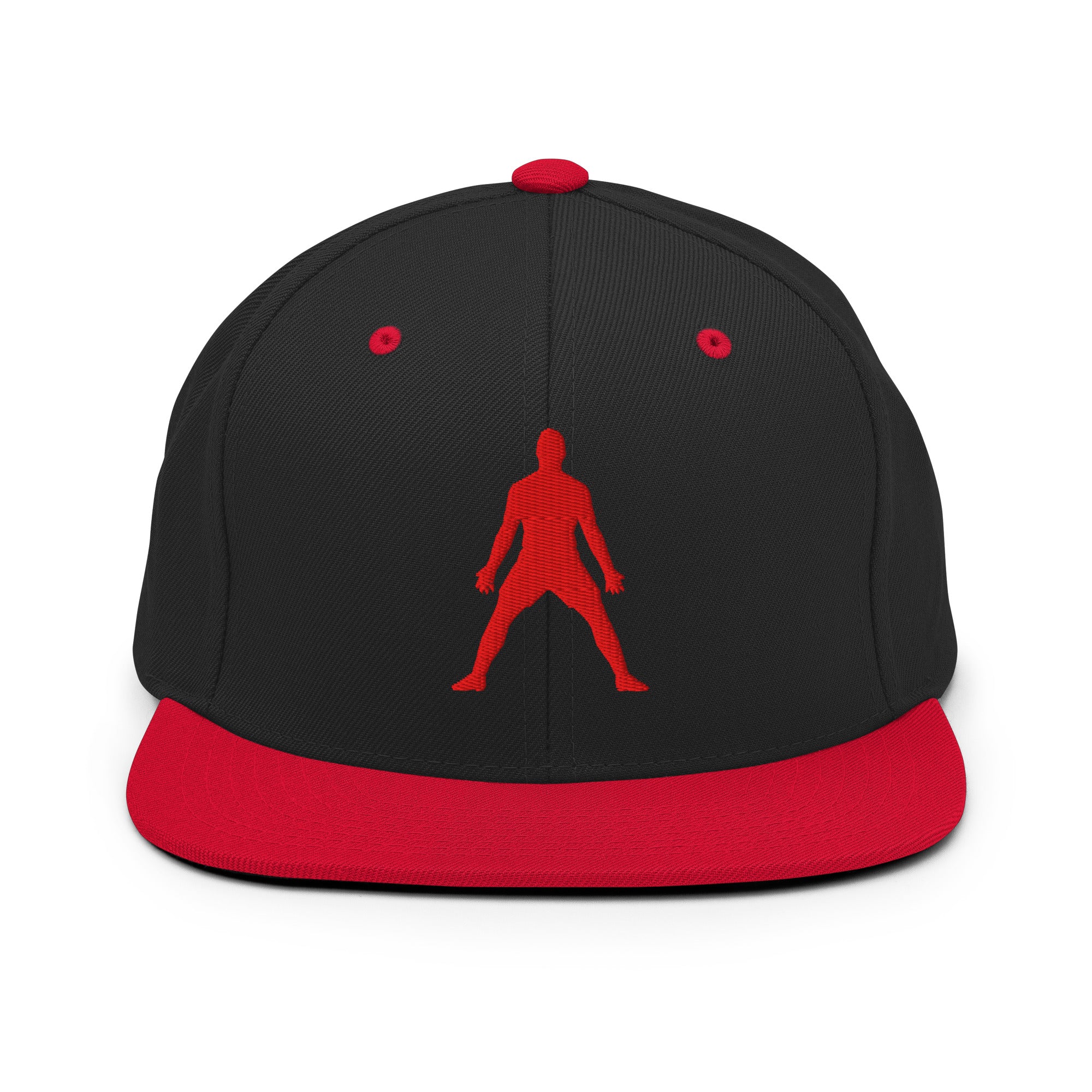 Black snapback hat with red 3D puff silhouette logo and red side eyelets, flat brim.
