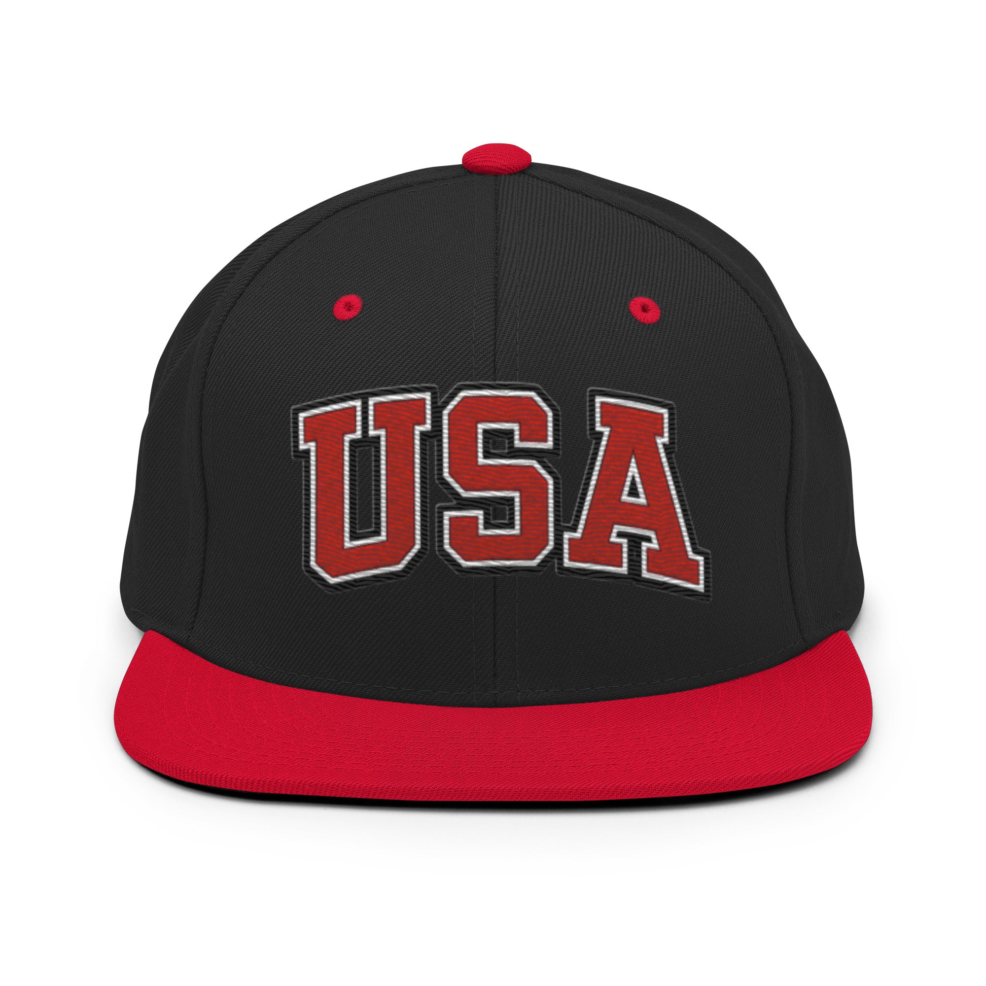 Black snapback hat with red brim and embroidered USA logo in red and white