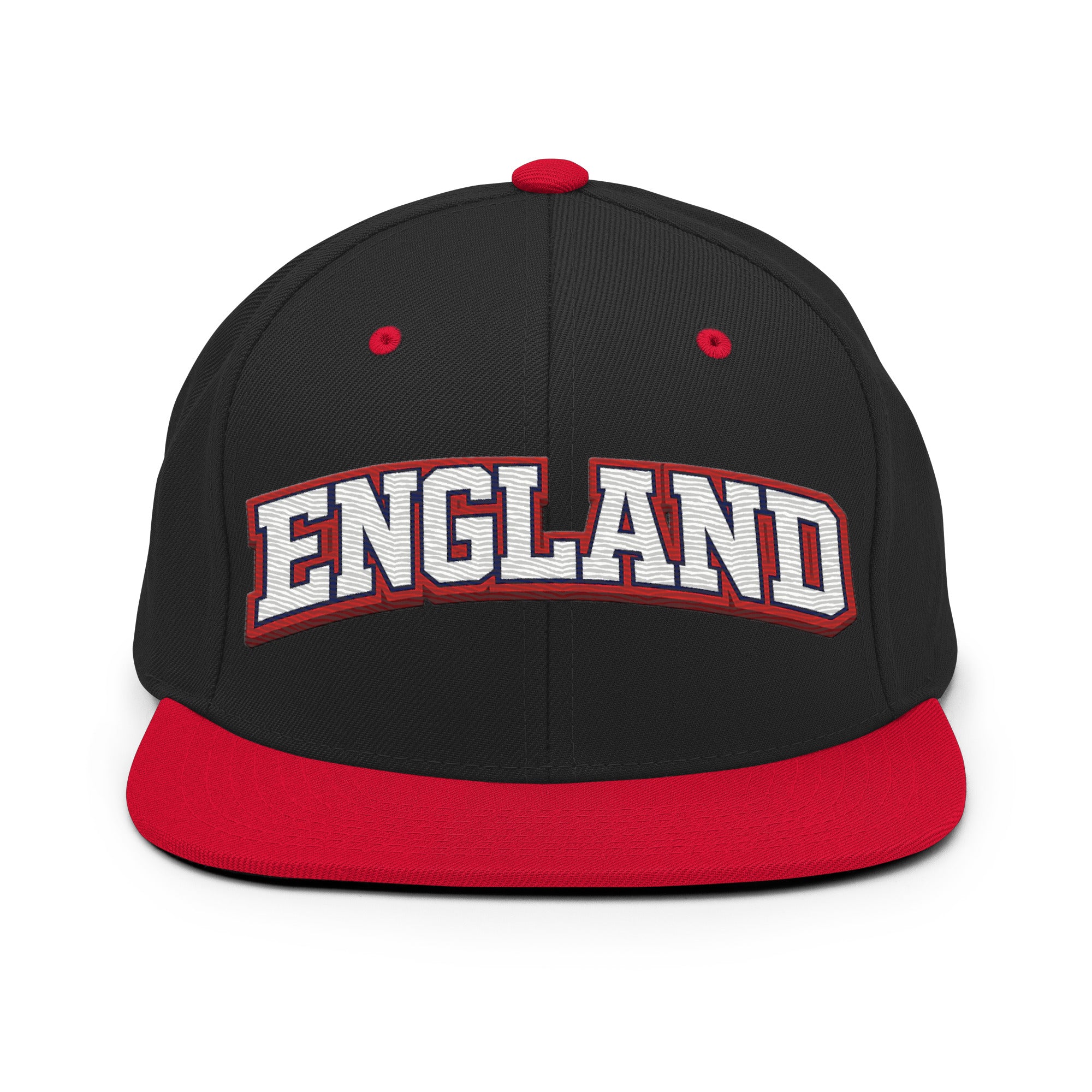 Black snapback hat with embroidered England wordmark and red brim