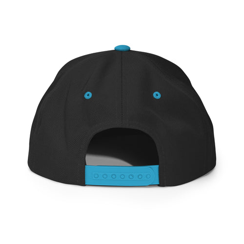 Black snapback hat with teal eyelets and teal under-visor panel, adjustable strap.
