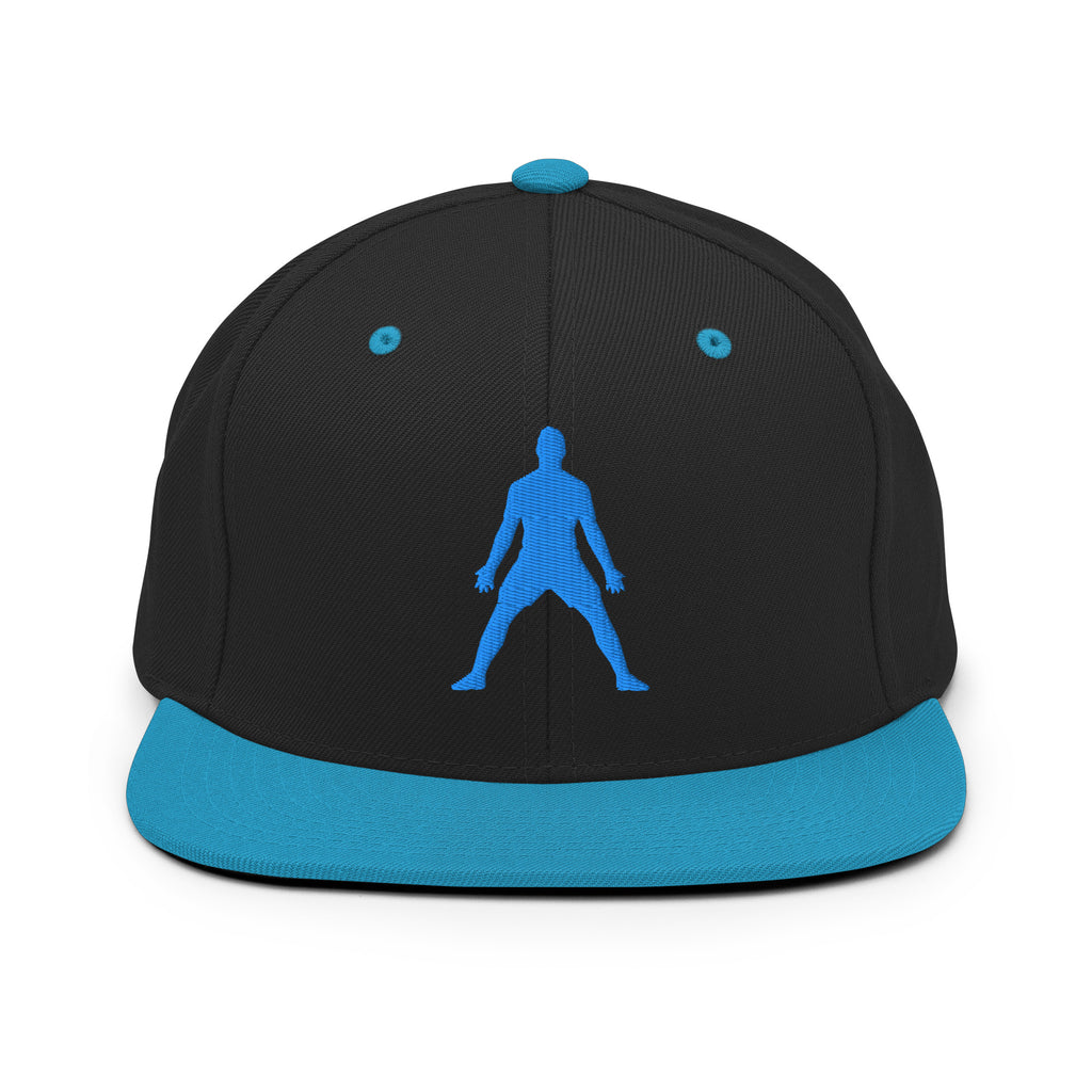 Black snapback hat with teal brim and 3D puff blue silhouette embroidery