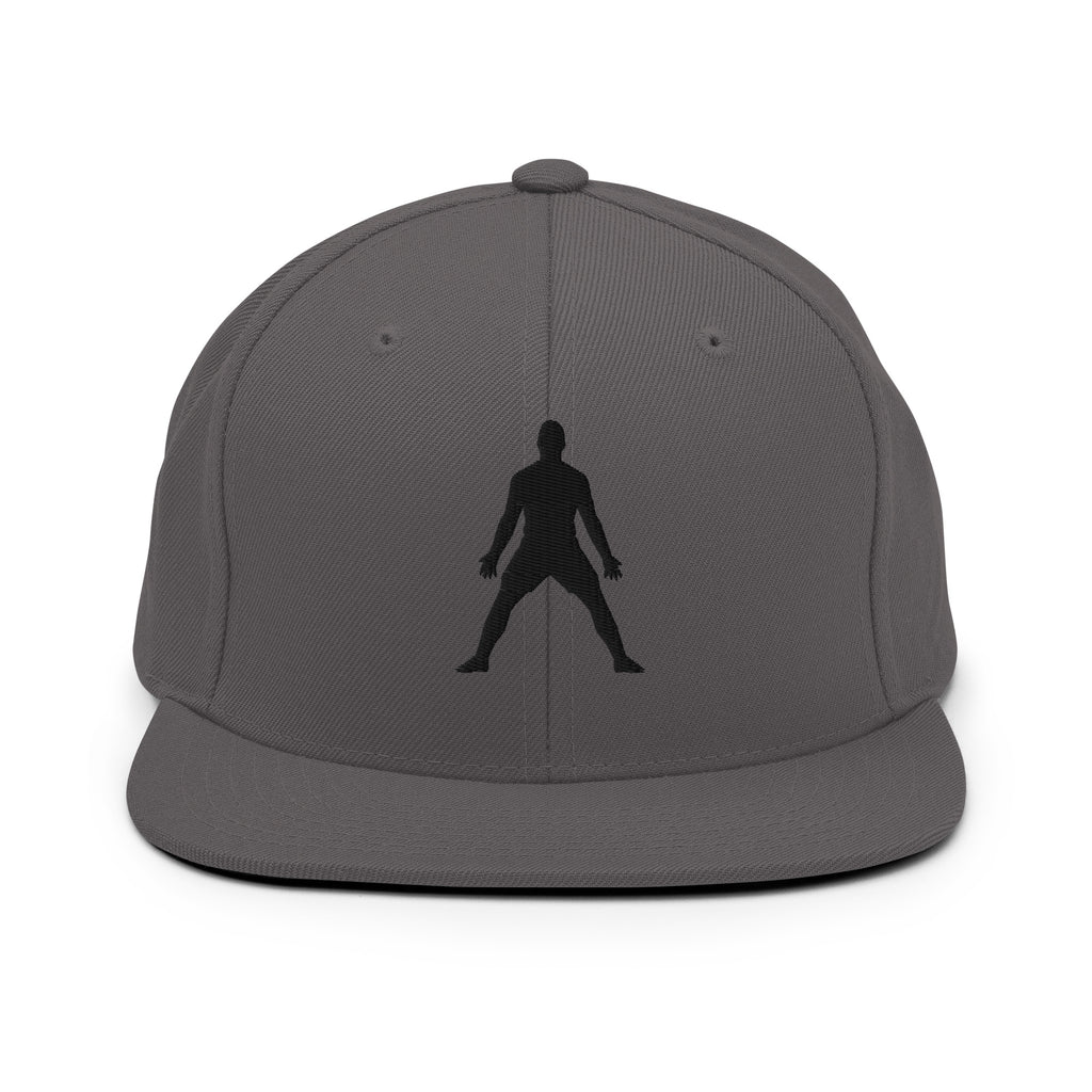 Dark gray snapback hat with 3D puff embroidered standing silhouette on front