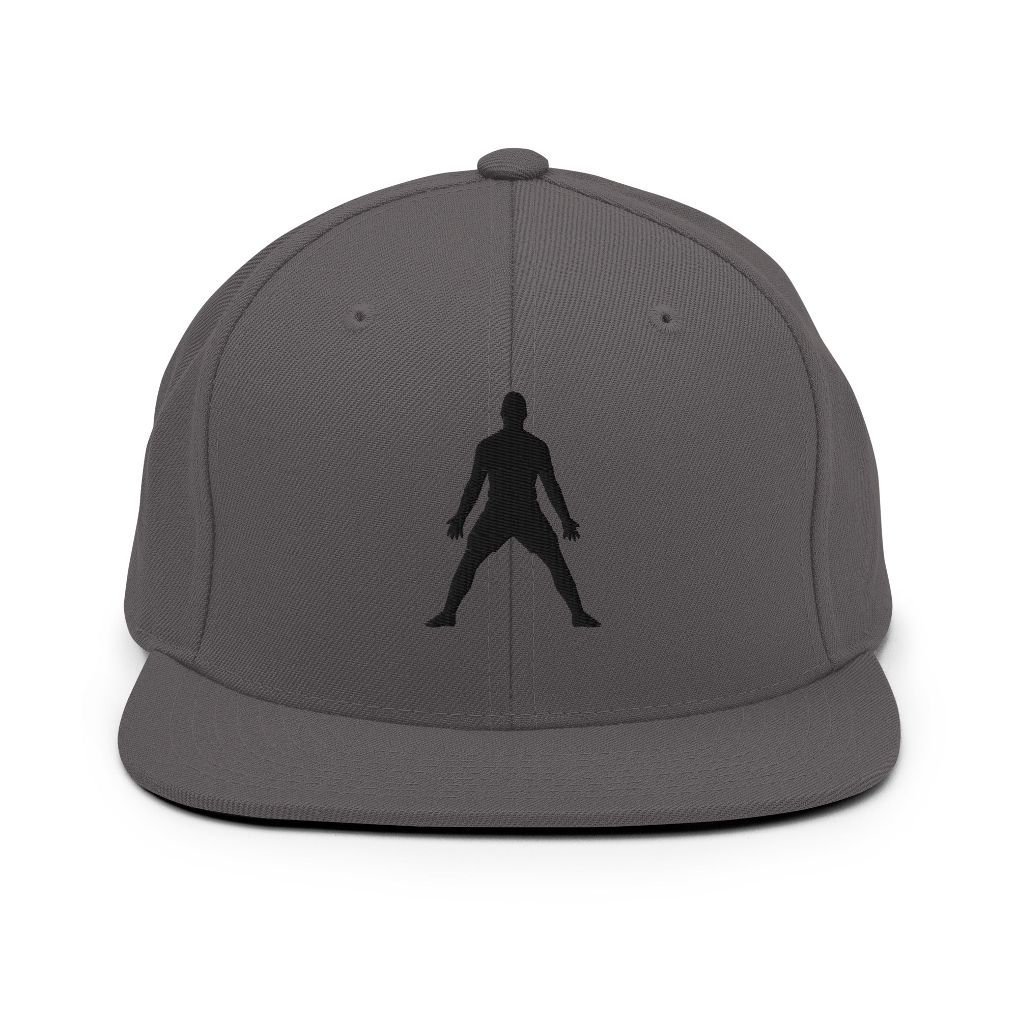 Dark gray snapback hat with 3D puff embroidered standing silhouette on front