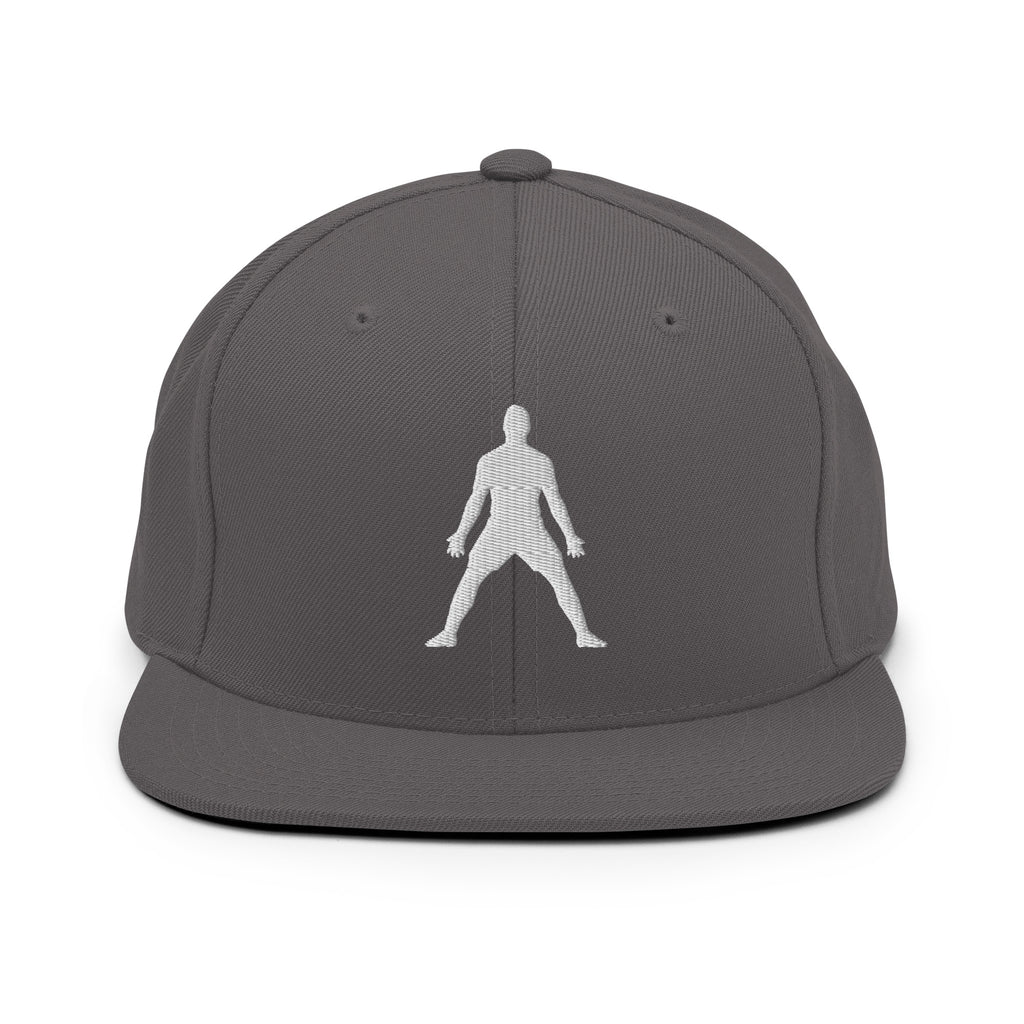 Heather gray snapback hat with white 3D puff figure embroidered at center