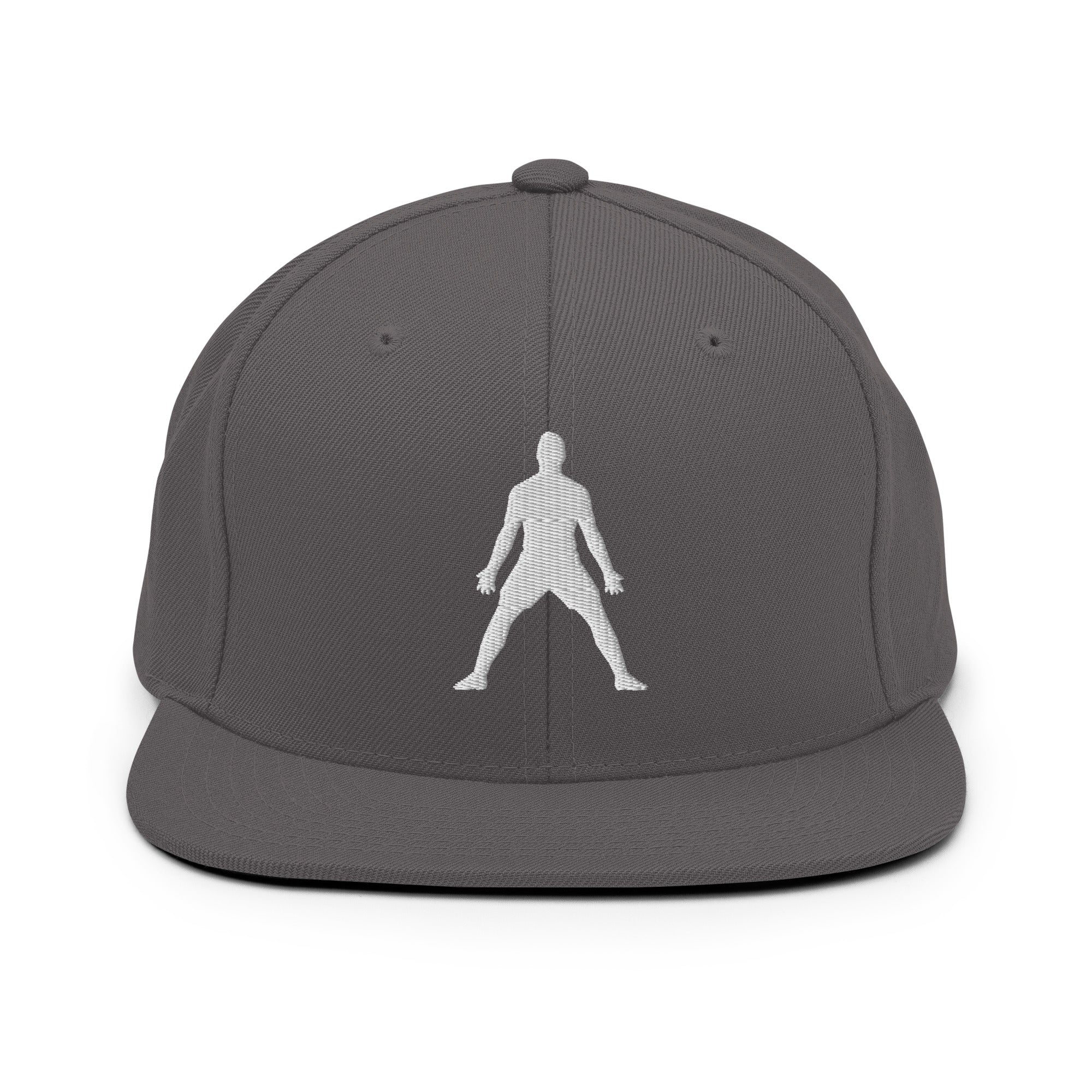 Heather gray snapback hat with white 3D puff figure embroidered at center
