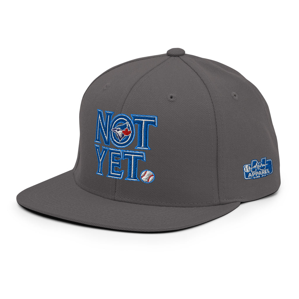 Dark gray snapback cap with blue embroidered “NOT YET” front and side logo patch