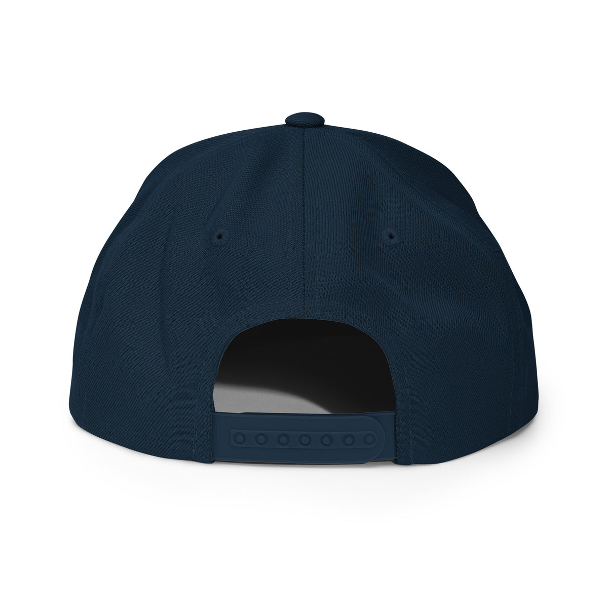 Navy snapback cap back view with adjustable strap and ventilation eyelets