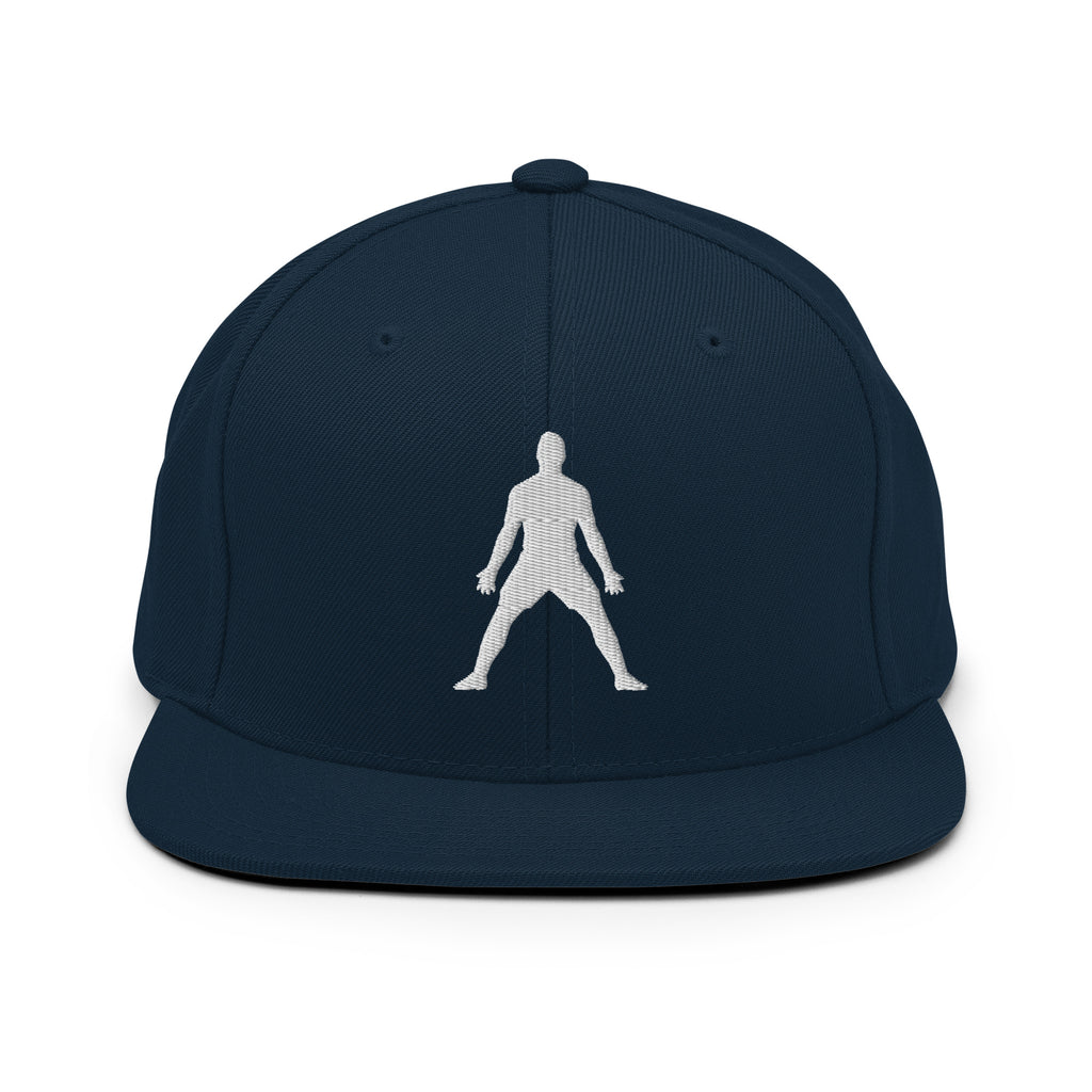 Dark navy snapback hat with white 3D puff embroidered figure logo on front