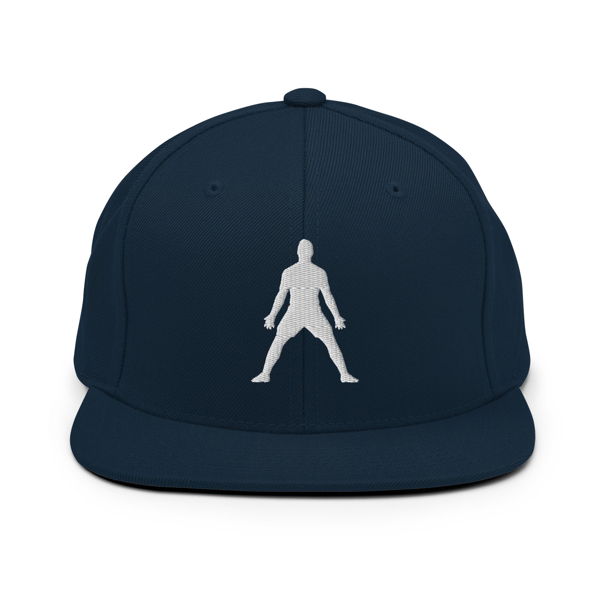 Dark navy snapback hat with white 3D puff embroidered figure logo on front