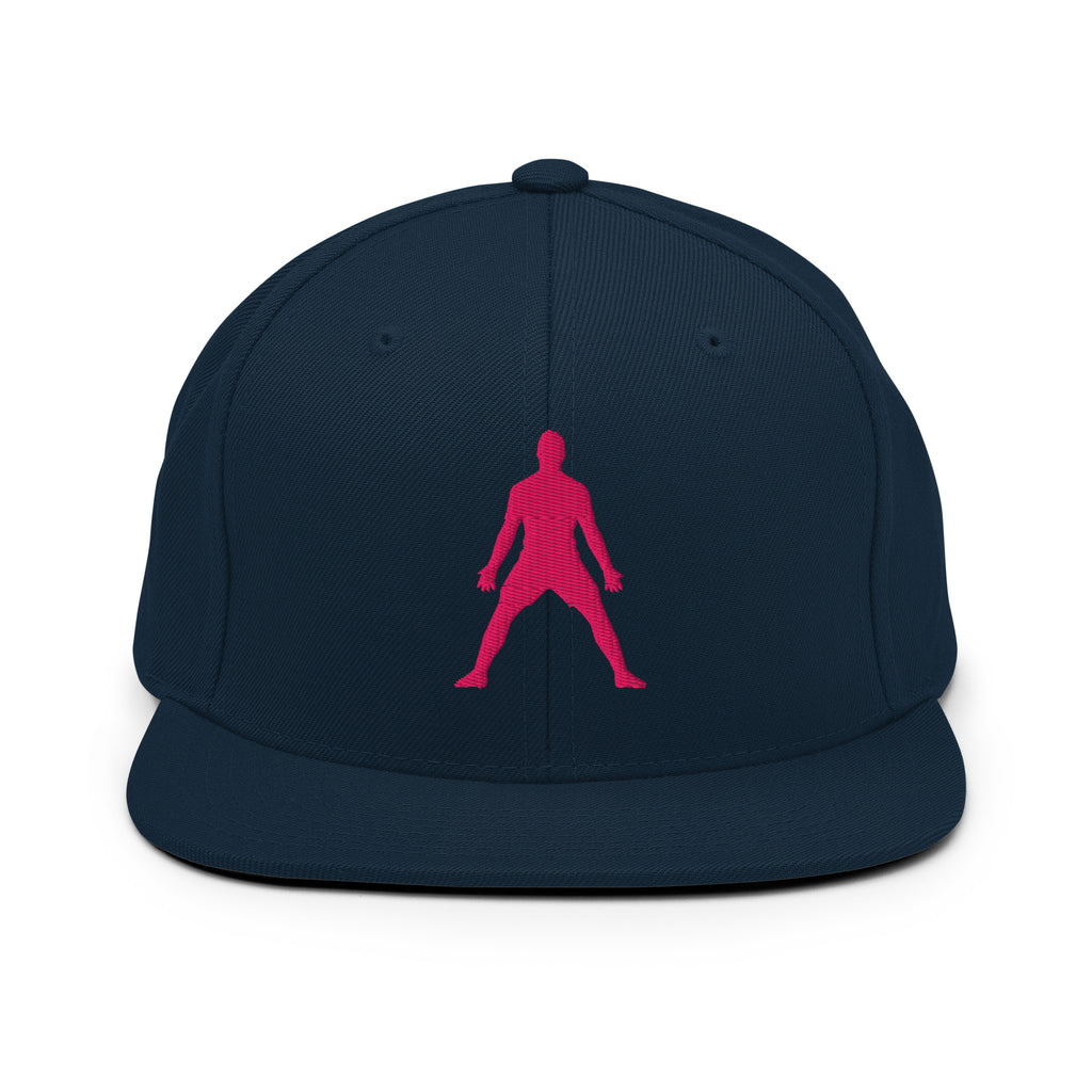 Dark navy snapback hat with neon pink 3D-style embroidered figure on front panel