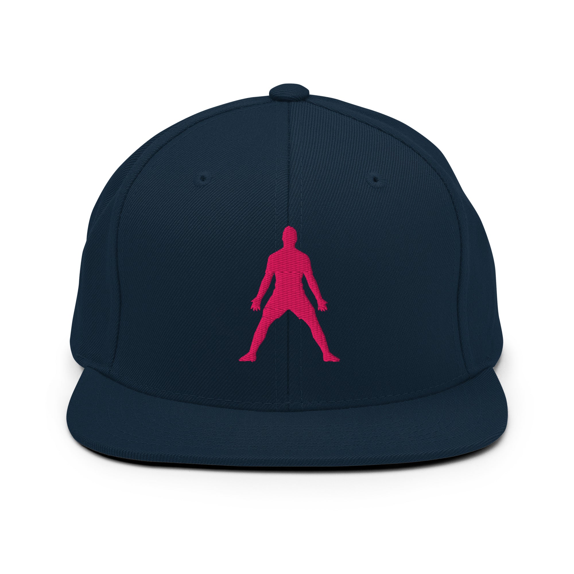 Dark navy snapback hat with neon pink 3D-style embroidered figure on front panel