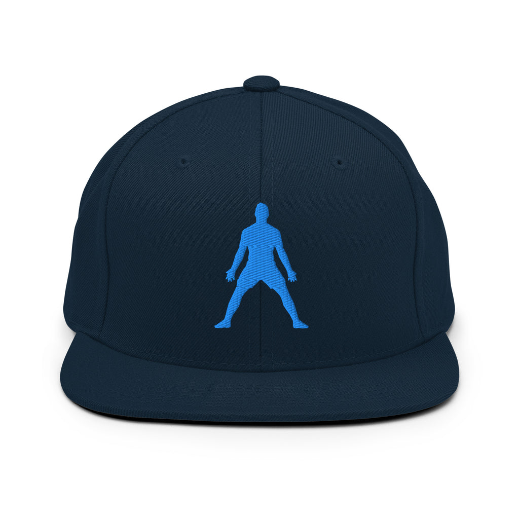 Dark navy snapback hat with 3D puff blue silhouette embroidery on front panel