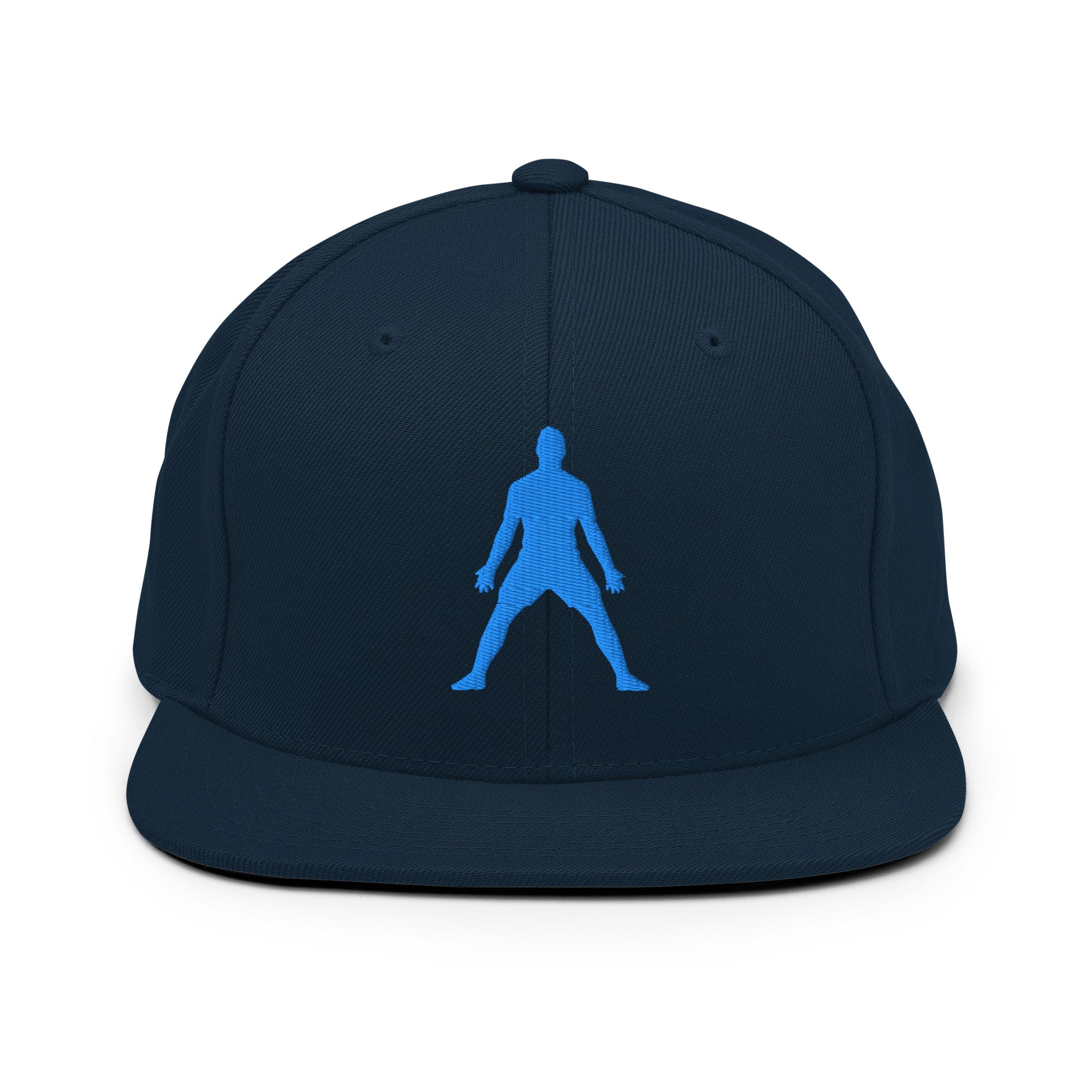 Dark navy snapback hat with 3D puff blue silhouette embroidery on front panel