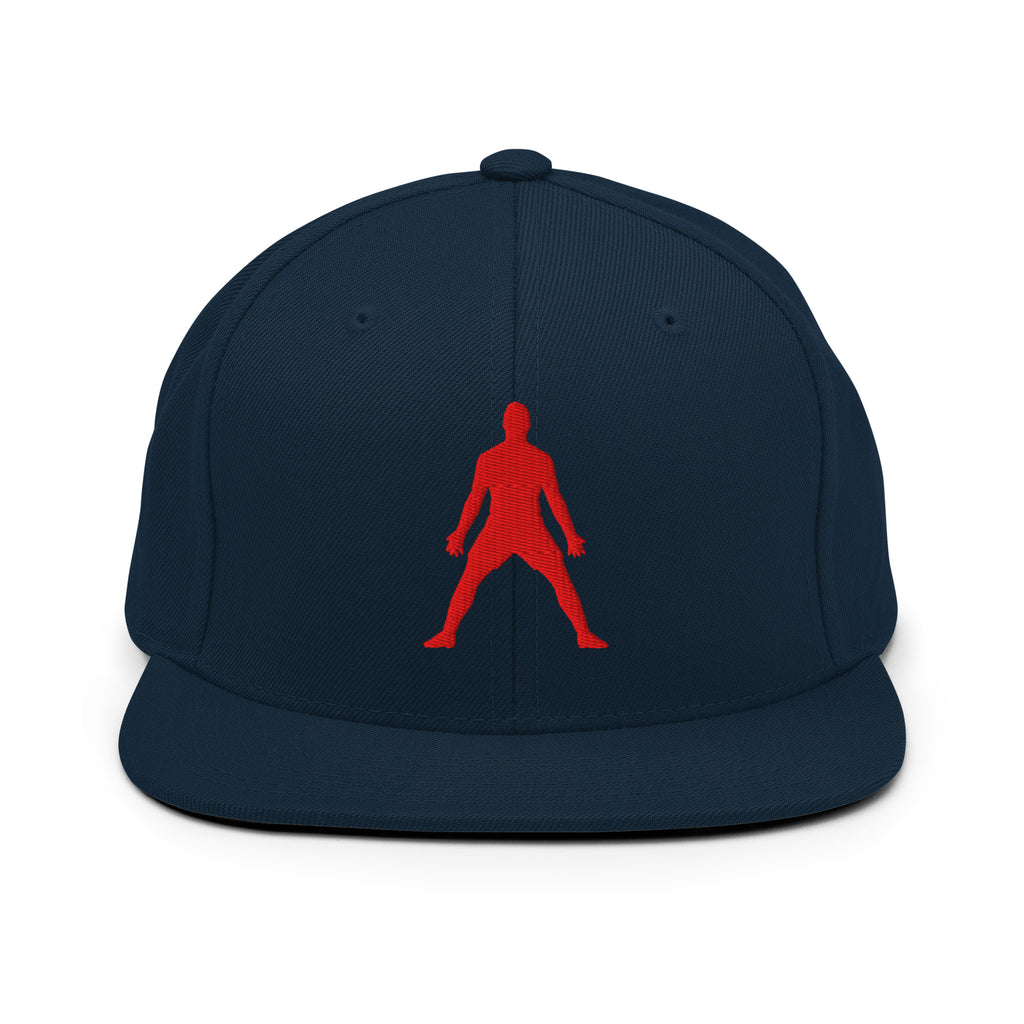 Navy snapback hat with red 3D puff silhouette logo embroidery, flat brim, button top.