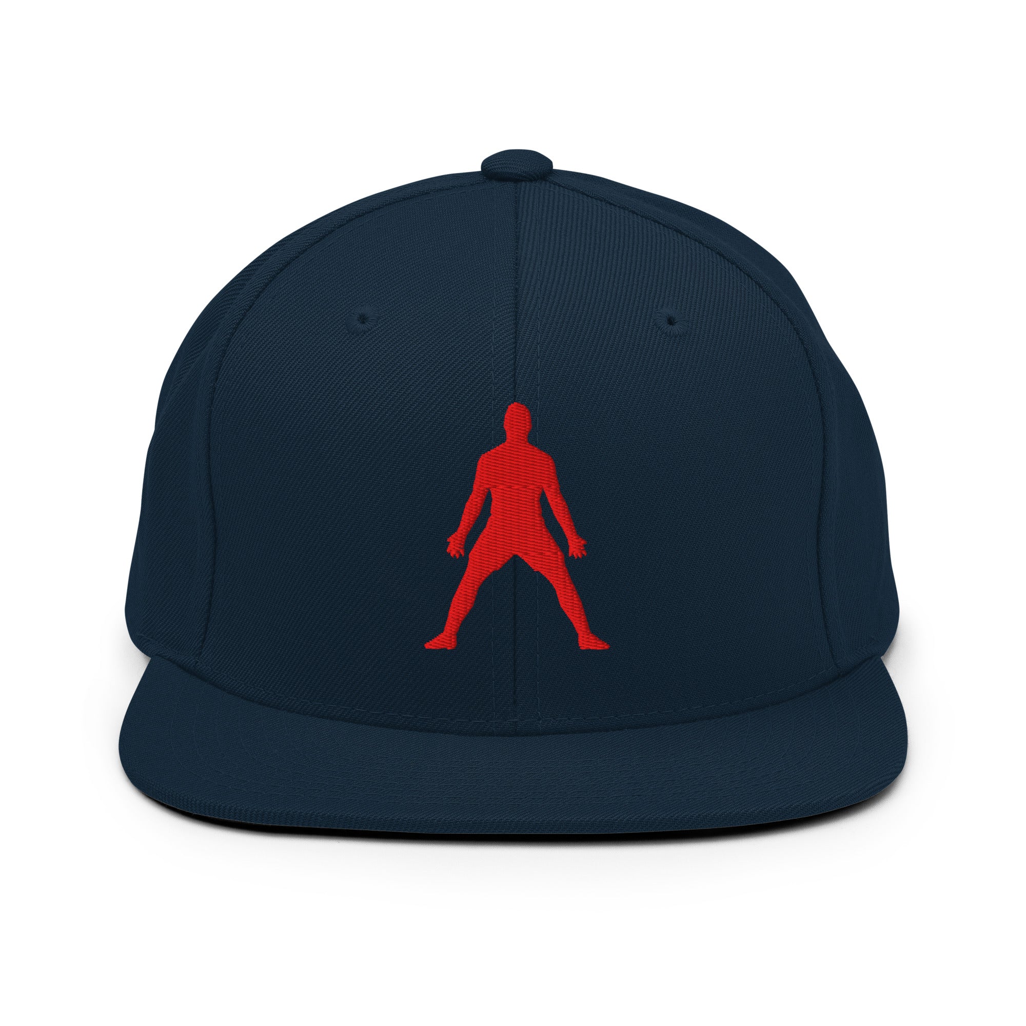 Navy snapback hat with red 3D puff silhouette logo embroidery, flat brim, button top.