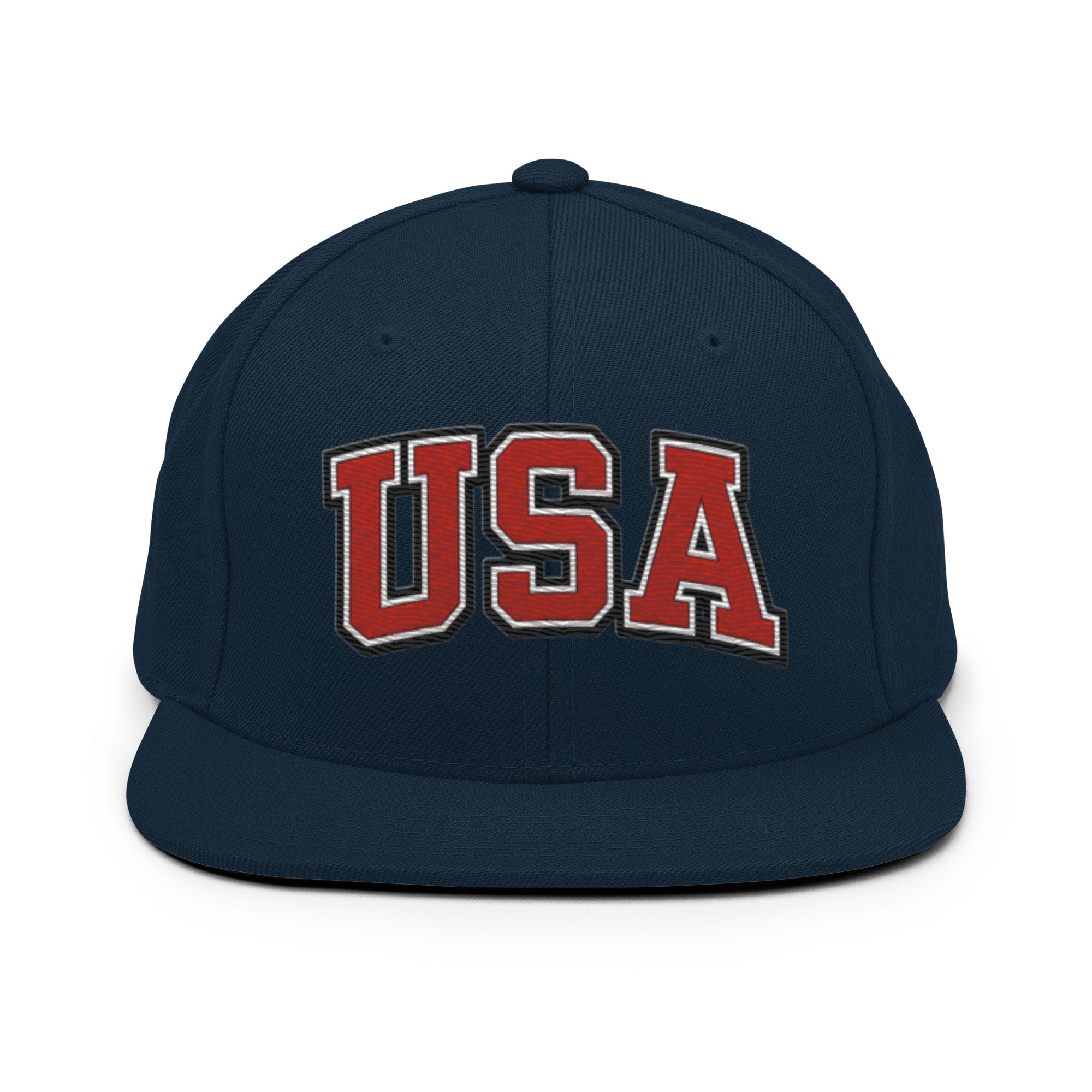 Dark navy snapback hat with embroidered USA logo in red and white