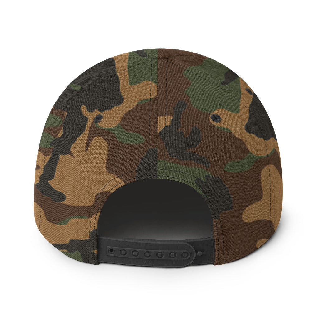 Green camo snapback hat back view with adjustable strap and stitched eyelets.