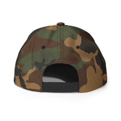Green and brown camo snapback hat with adjustable back strap