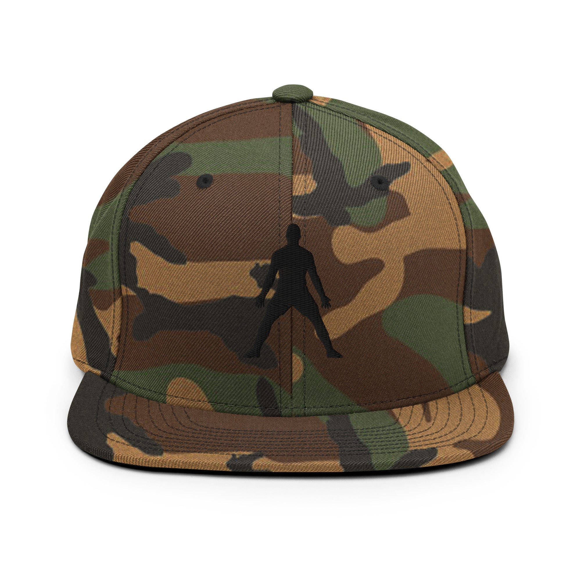 Green camo snapback hat with 3D puff embroidered standing silhouette on front