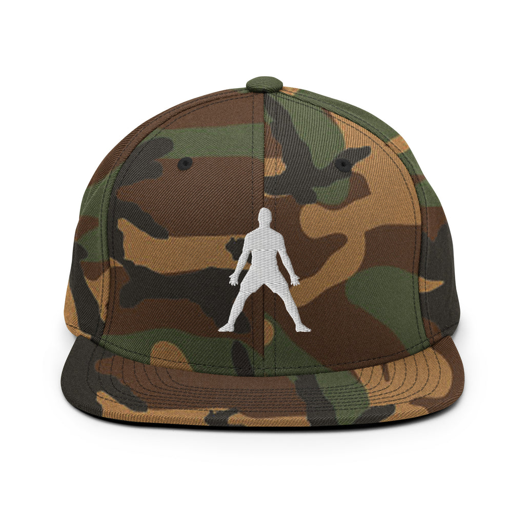Camo snapback hat with white 3D puff figure embroidered at center