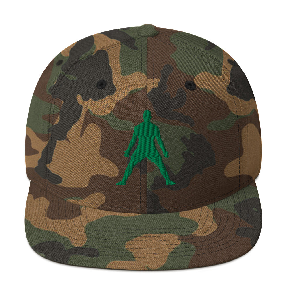 Green camo snapback hat with 3D puff embroidered dark green silhouette front.