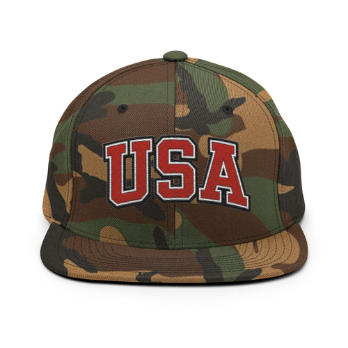 Green camo snapback hat with embroidered USA logo in red and white