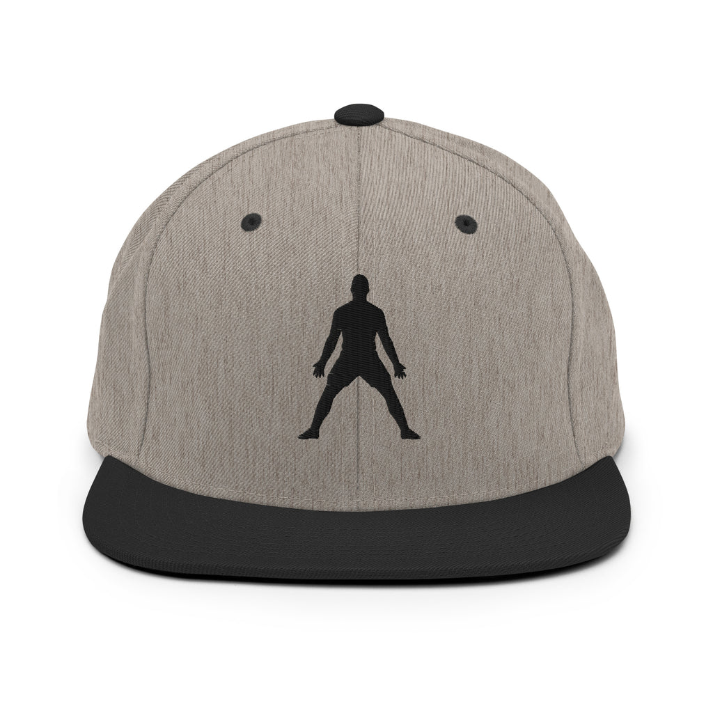 Natural beige snapback hat with 3D puff embroidered standing silhouette on front