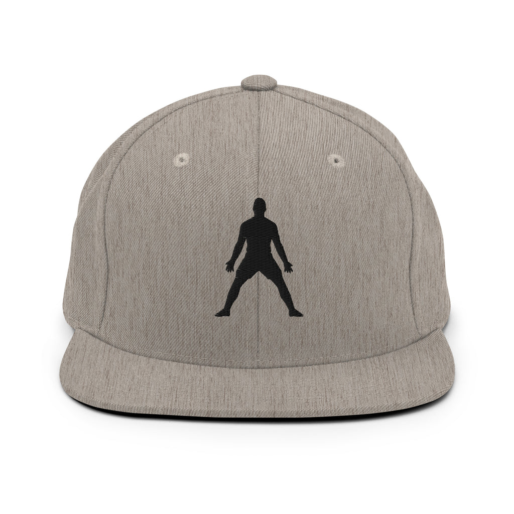 Heather gray snapback hat with black embroidered figure and small eyelet dots.