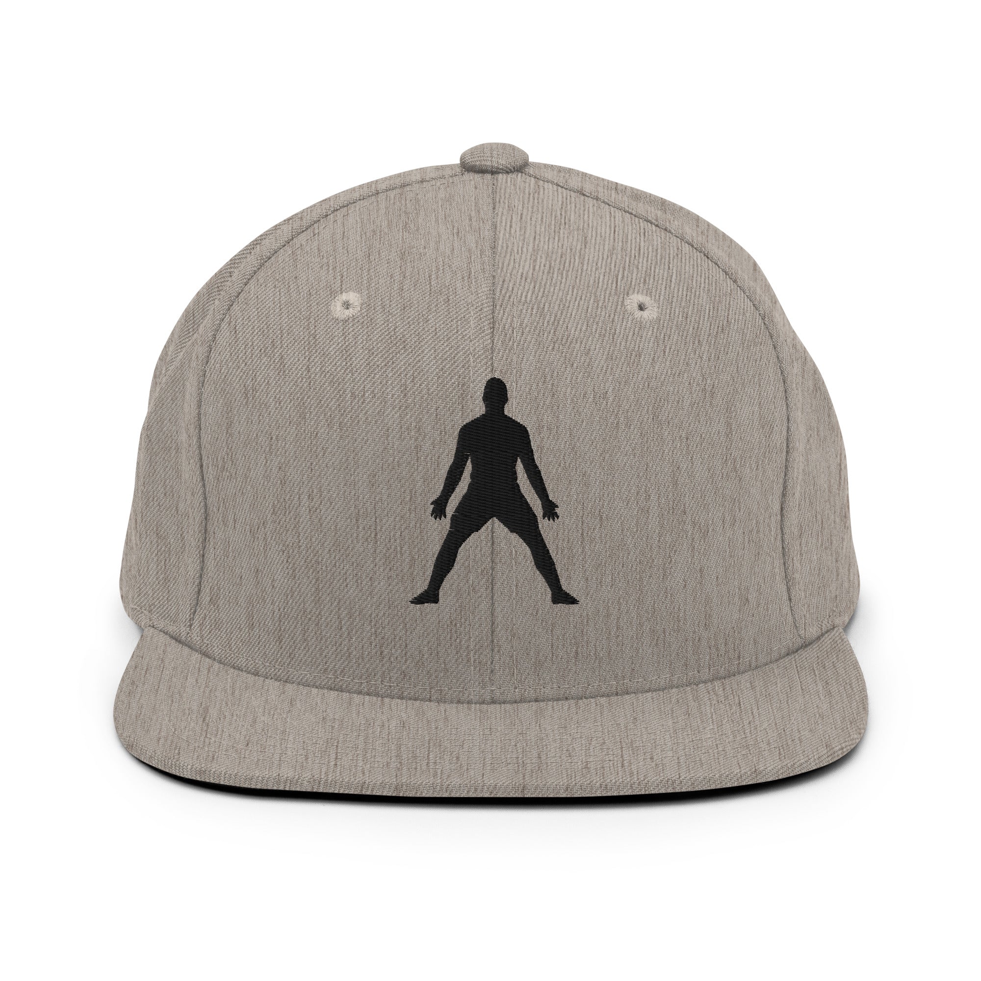 Heather gray snapback hat with black embroidered figure and small eyelet dots.