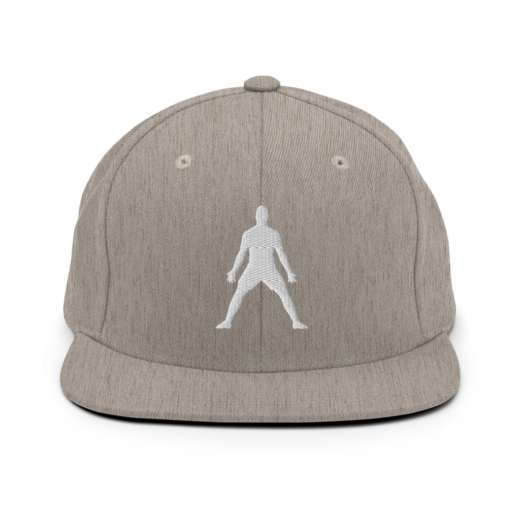 Heather gray snapback hat with white 3D puff embroidered figure logo on front