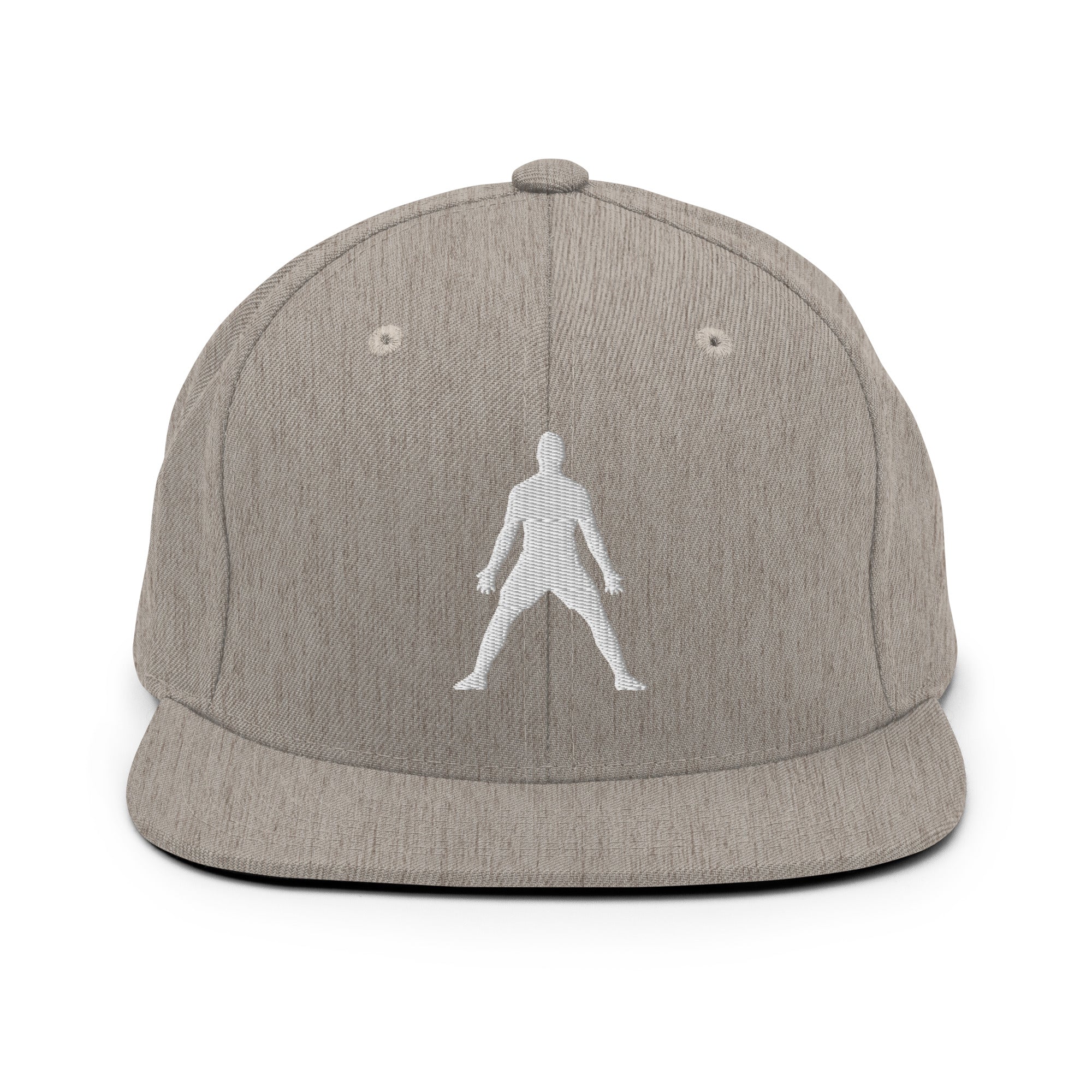 Heather gray snapback hat with white 3D puff embroidered figure logo on front