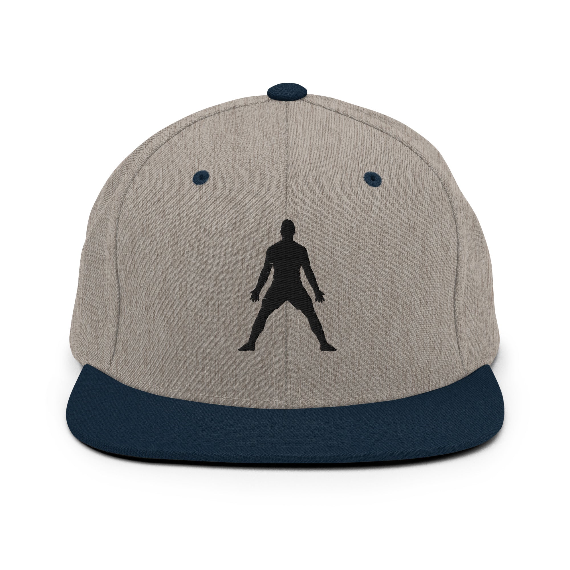 Natural beige snapback hat with 3D puff embroidered standing silhouette on front, blue brim
