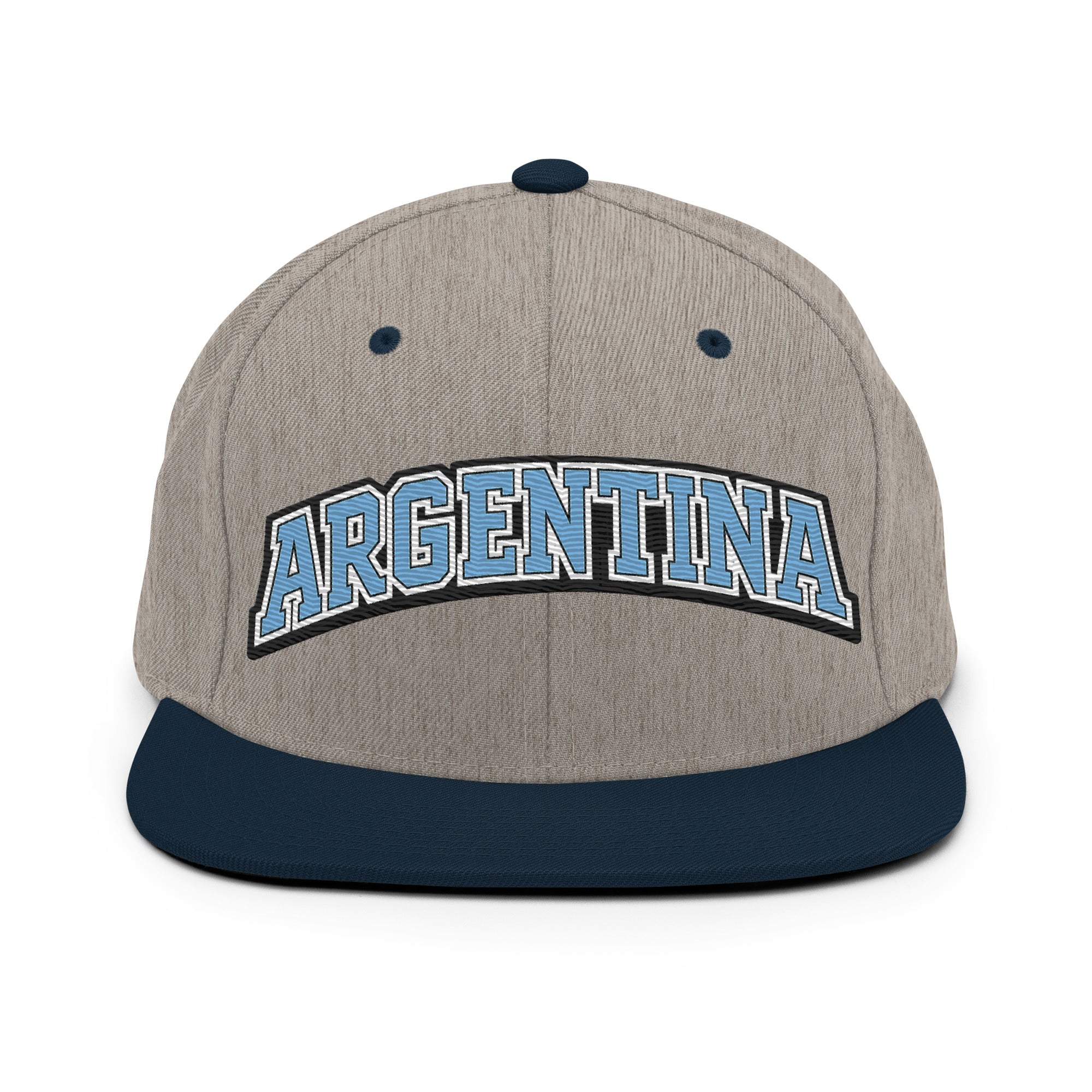 Light heather snapback hat with embroidered Argentina logo patch and dark blue brim