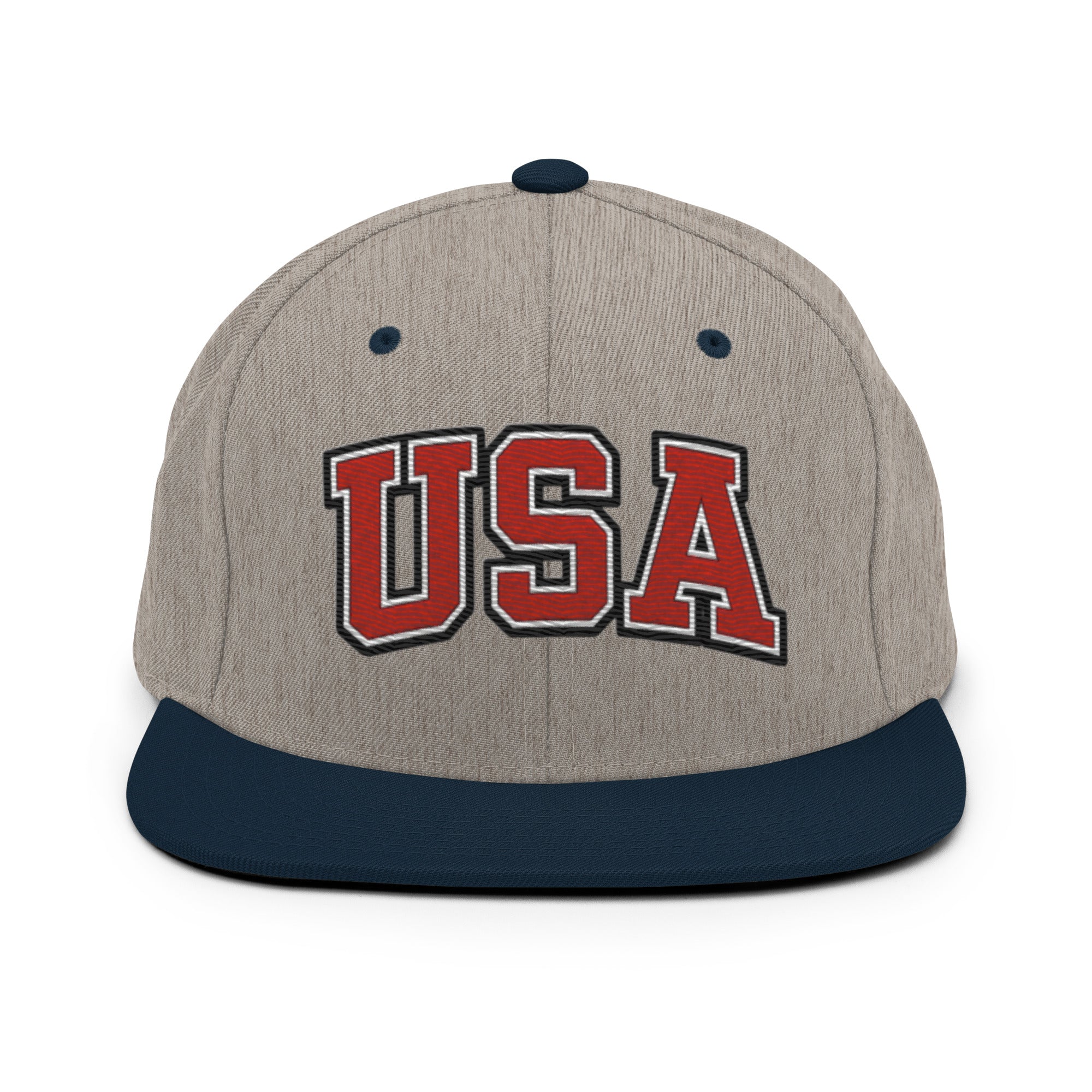 Heather gray snapback hat with navy brim and embroidered USA logo in red and white
