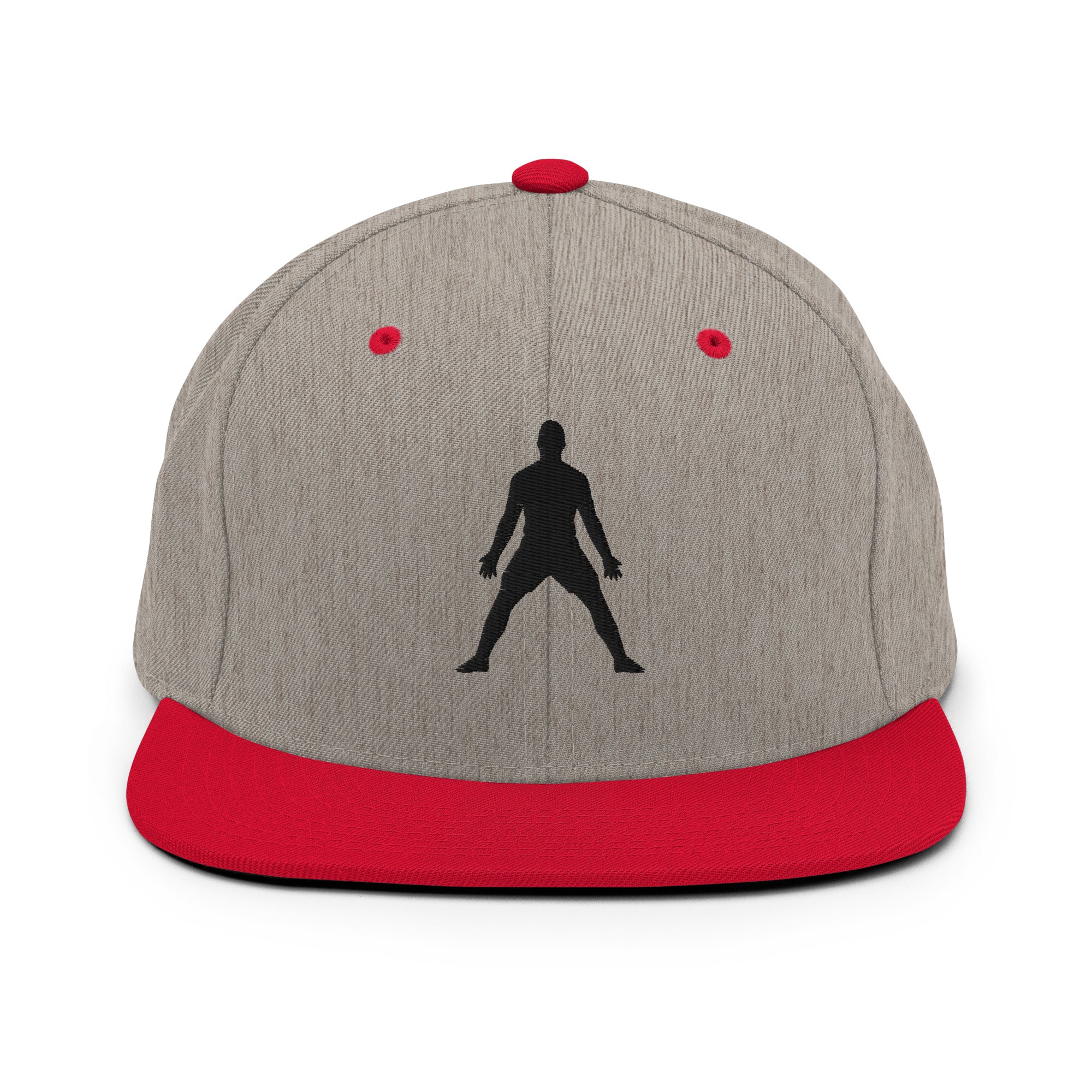 Gray snapback hat with red underbrim and black embroidered figure on front.