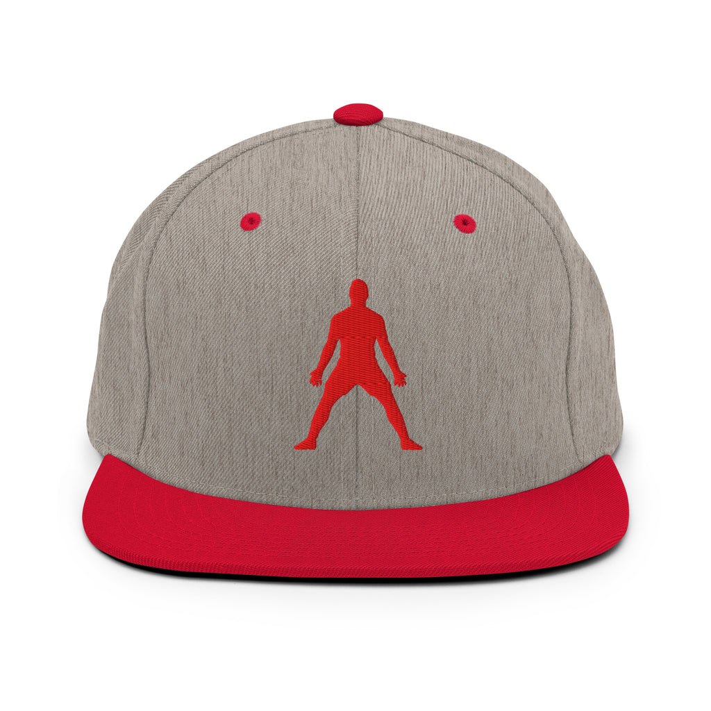 Heather grey snapback hat with red 3D puff silhouette logo and red brim, flat brim, button top.